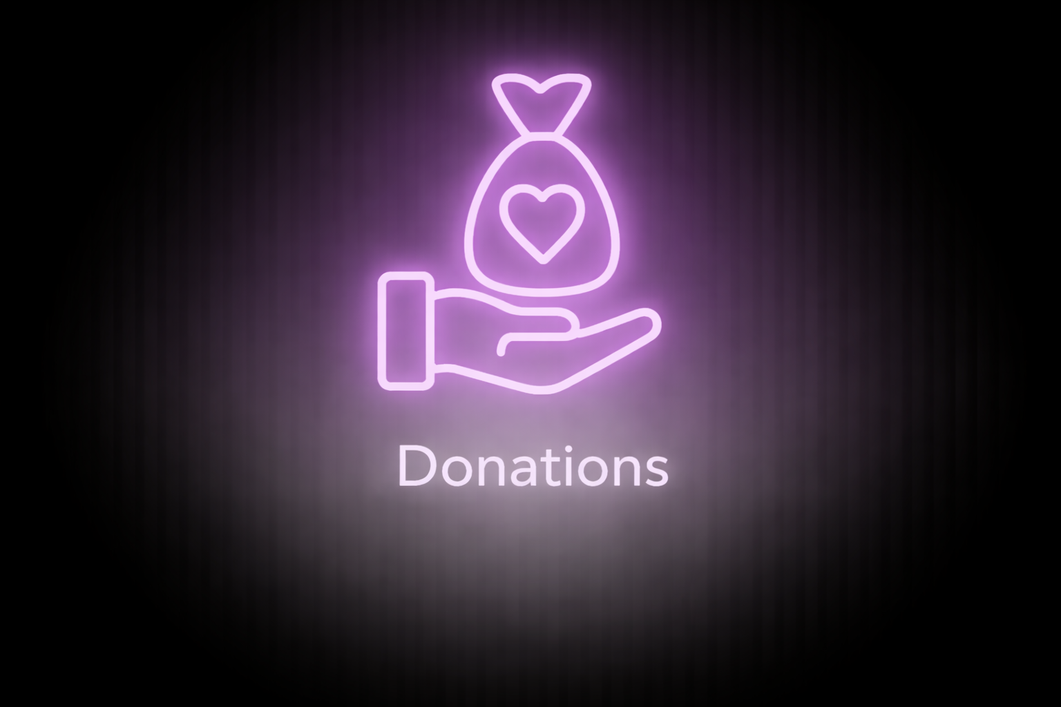 Neon purple sign with a hand holding a gift box with a heart on it, and the word 'Donations' below.