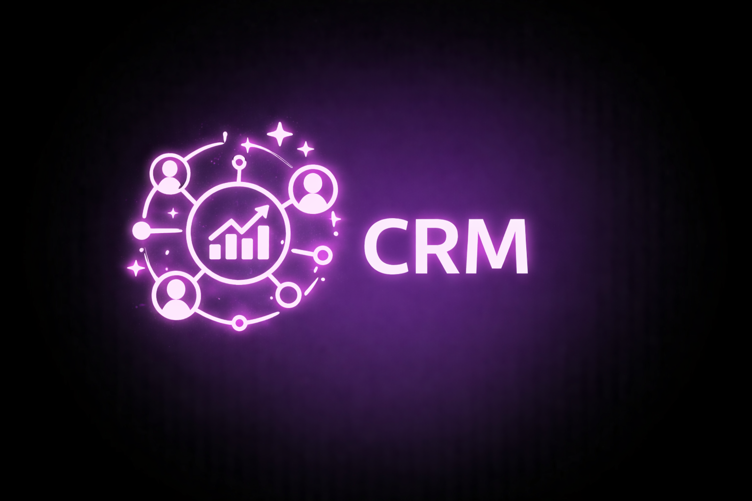 A neon purple graphic representing CRM, featuring interconnected user icons and data trending upwards.