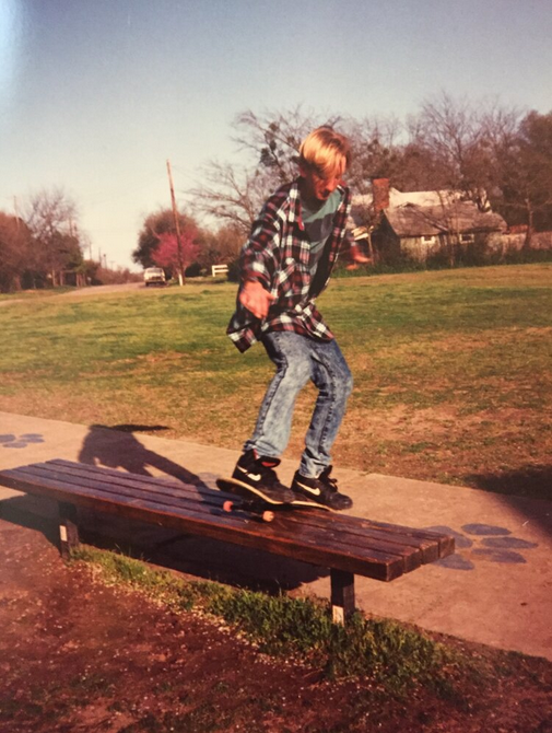 Josh, circa 1992 - boardslide the bench behind middle school, Wills Point, TX