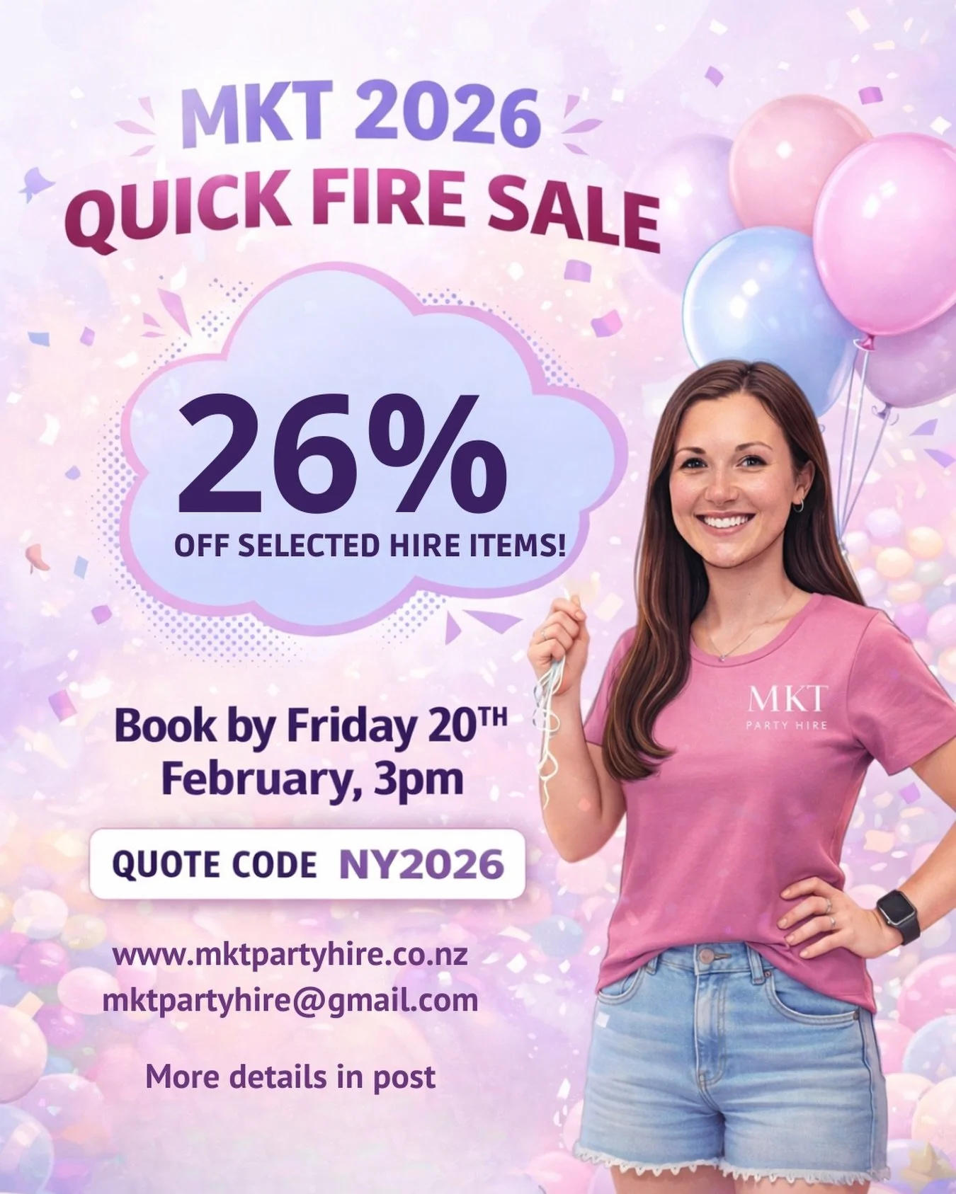 🎉 MKT 2026 Quick Fire Sale 🎉

To celebrate MKT getting the party started for 2026&hellip; we&rsquo;re dropping a deal you don&rsquo;t want to miss!

🔥 26% OFF selected hire items
Book between now and Friday 20th February, 3pm to lock it in.

Head 