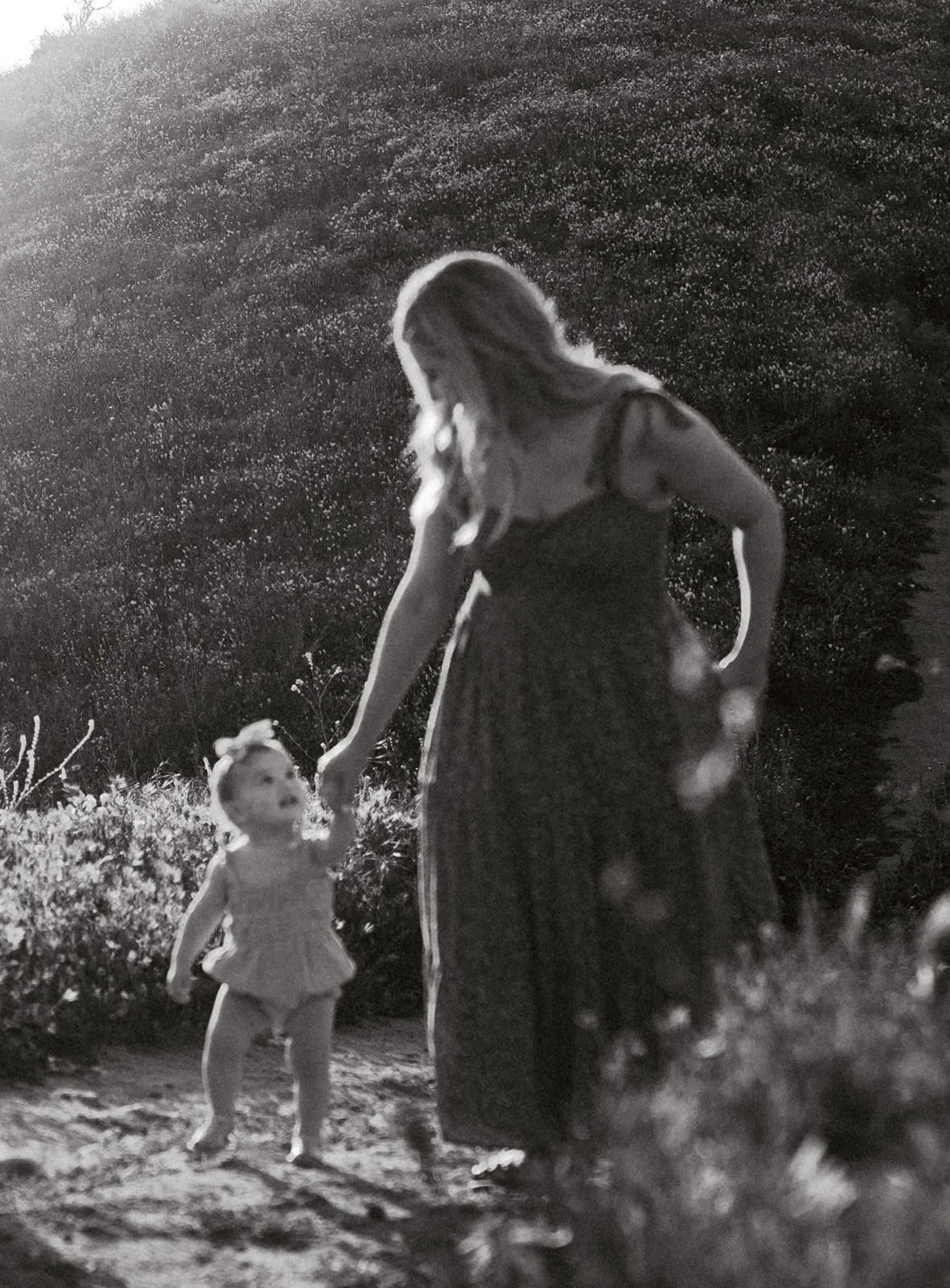Southern California family photographer captures mother and daughter walking up the poppy covered hill in the sunset in riverside California.