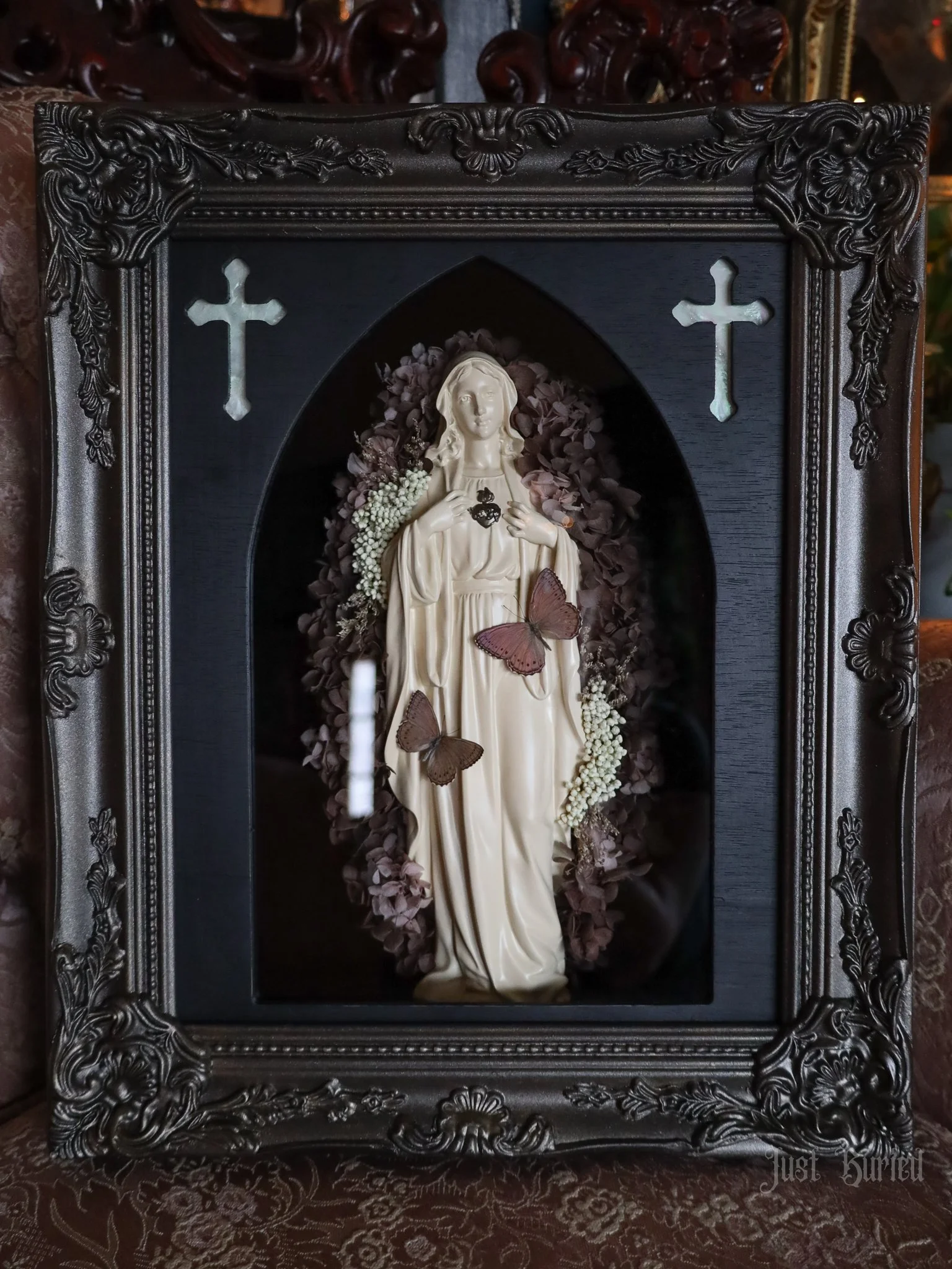 Custom Framed Mother Mary & Spotted Lilac Tree Nymph Butterflies