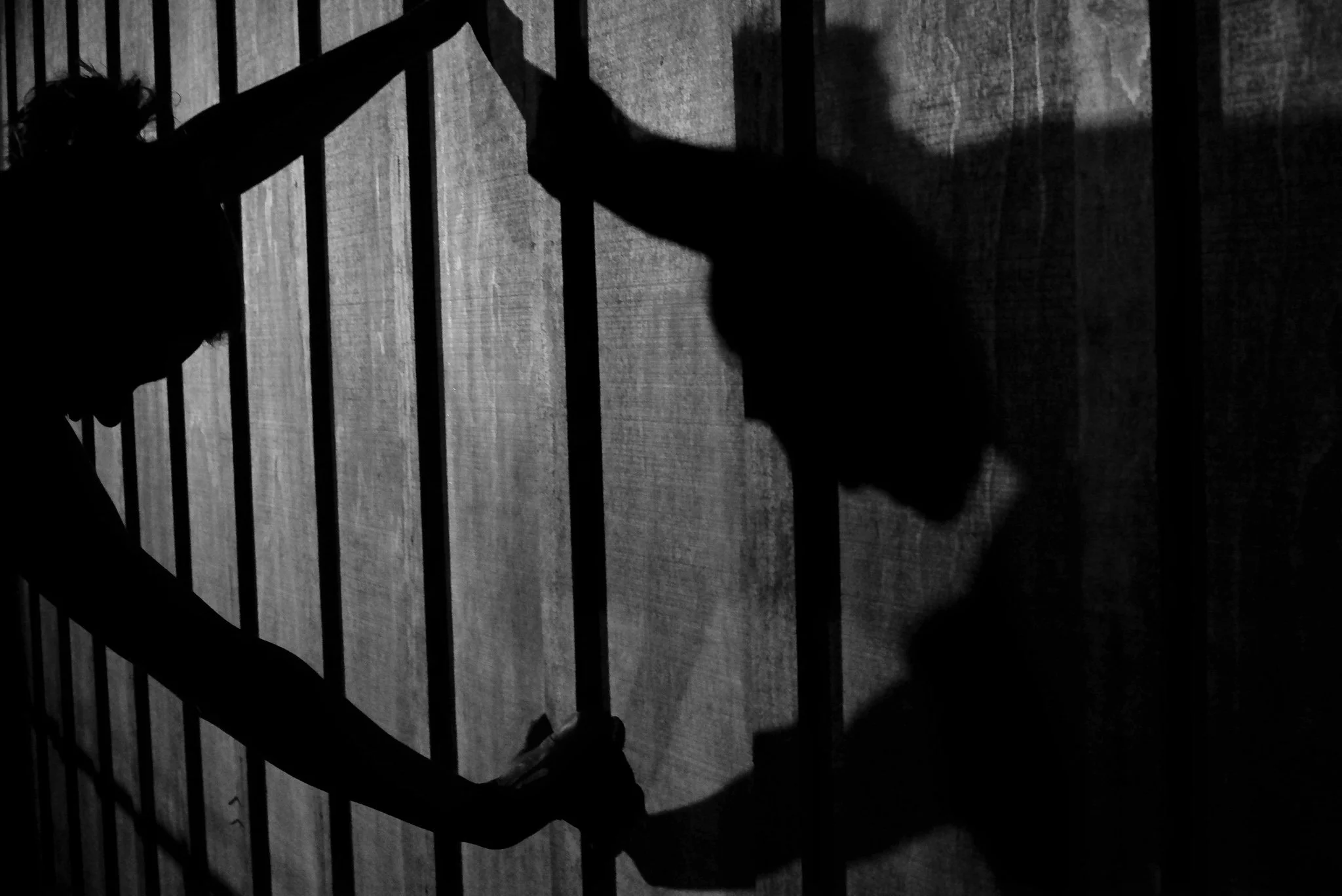 Silhouettes of two children, one reaching upwards, behind a metal gate, with a wooden floor in the background.