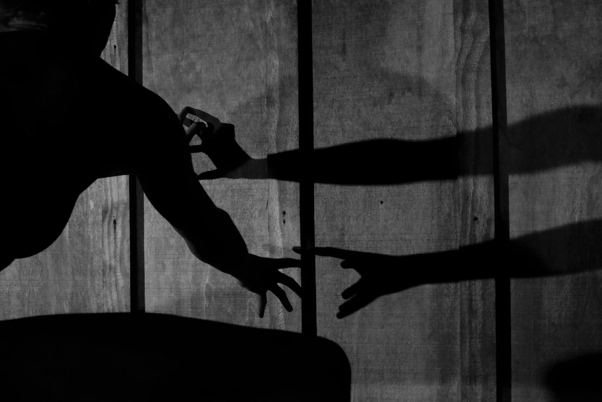 Silhouette of a person taking a photograph of their shadow on a wooden wall.