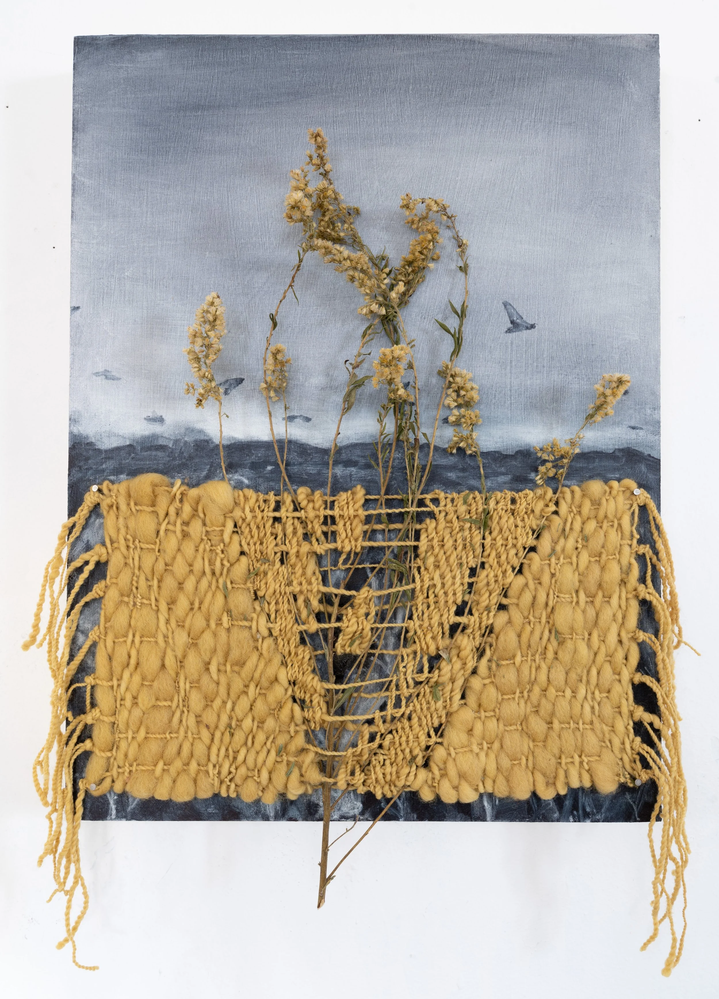 Goldenrod song, 2025. Handspun and handwoven wood naturally dyes with goldenrod, dried goldenrod, and oil on panel