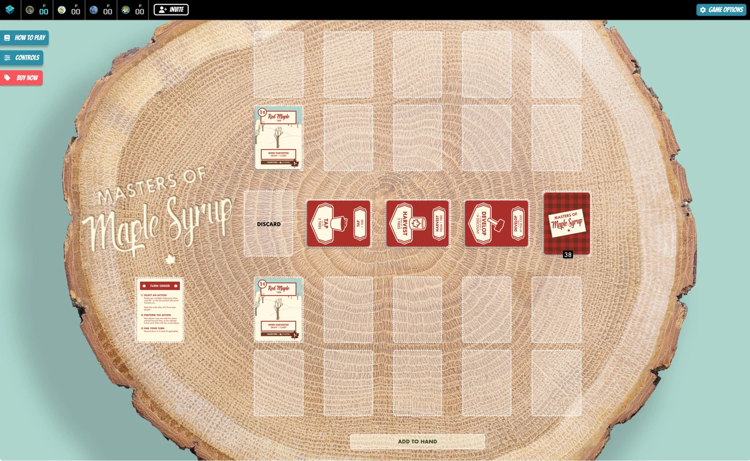 The game board for "Masters of Maple Syrup," which consists of cards arranged on a large log.