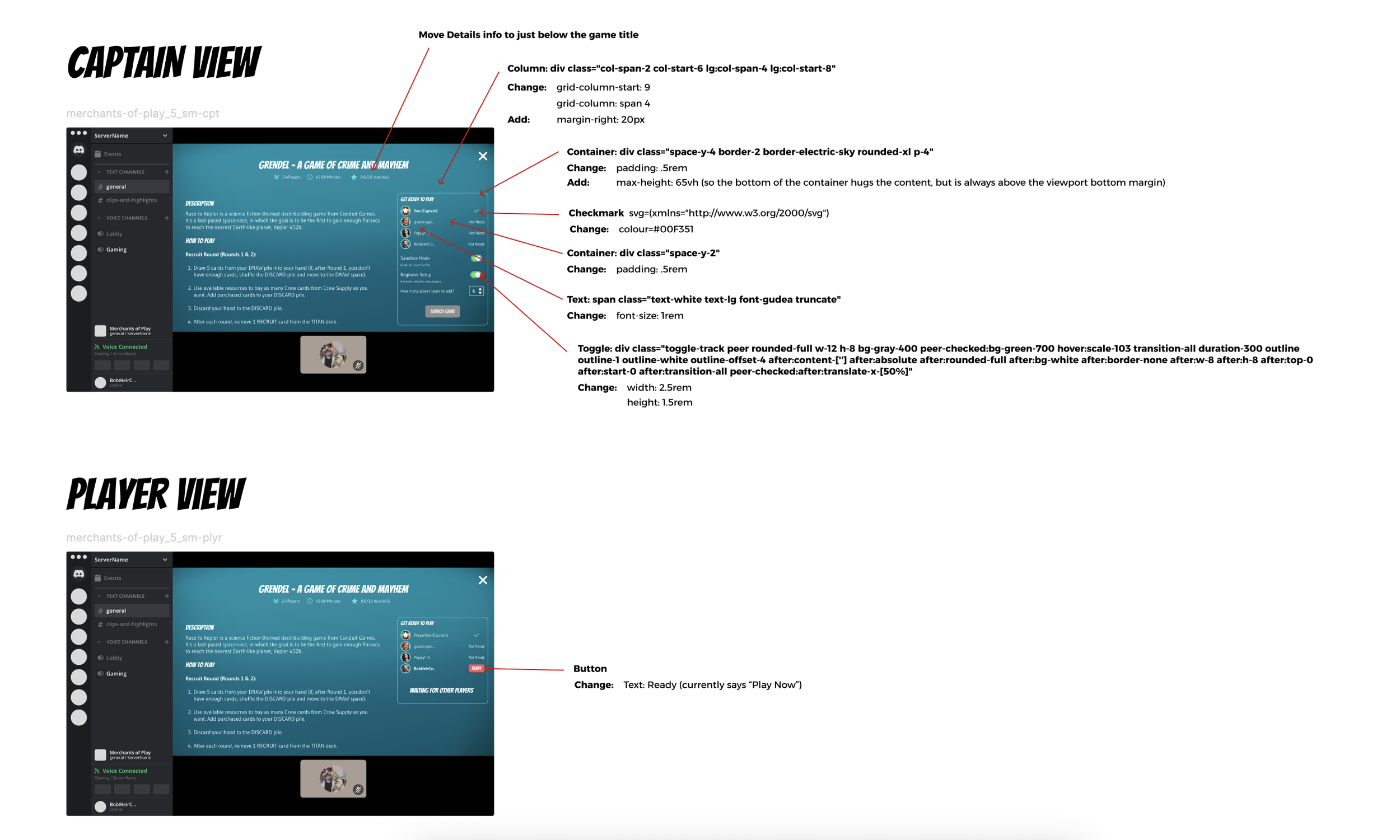 Two mockups of a screen with a list of code changes for the developers to make