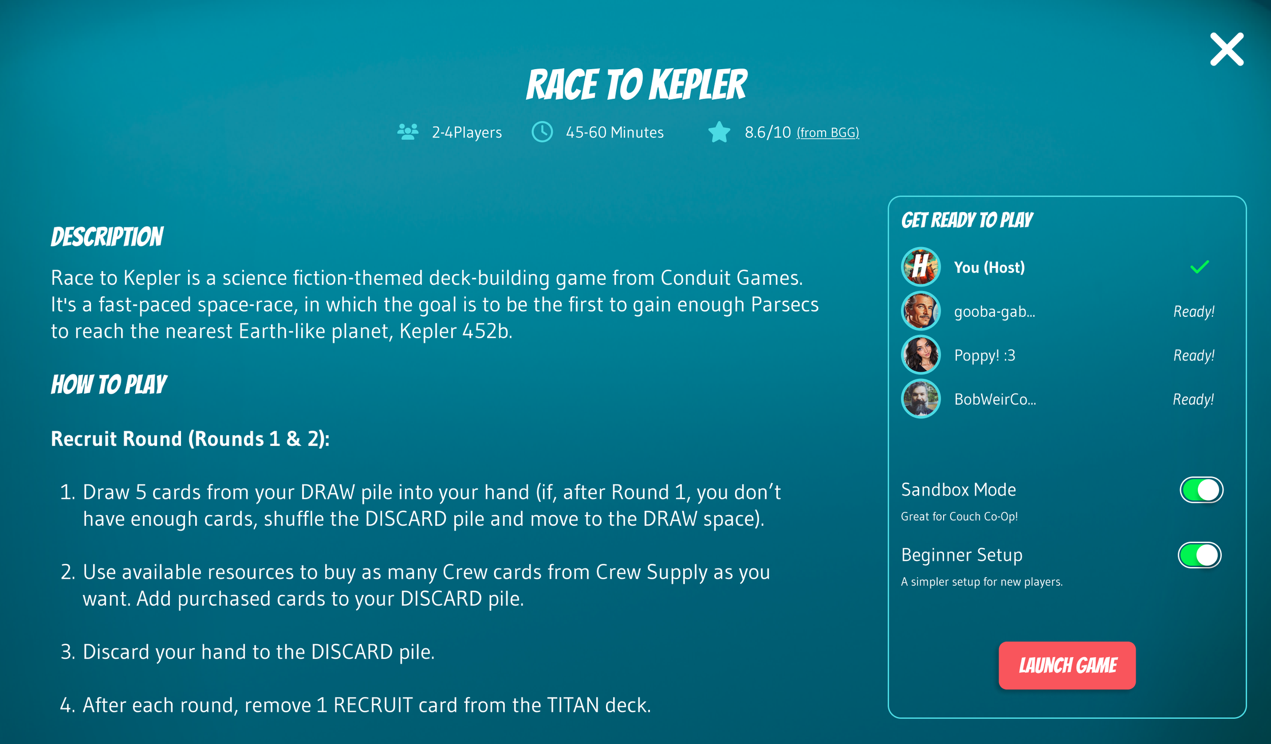 A screen with the description of a game, a list of players, and a "launch game" button