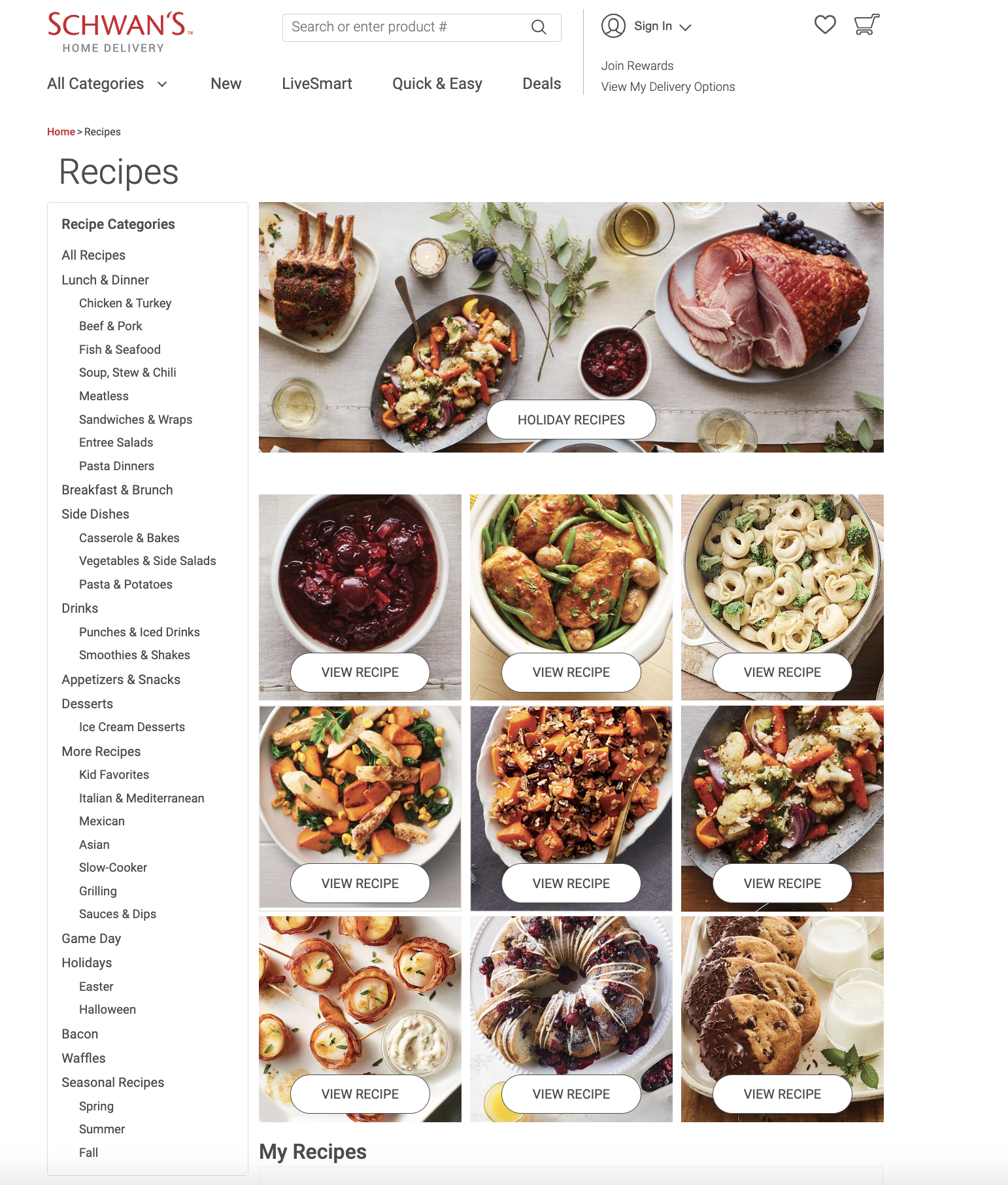 A screenshot of the Schwan's Recipe Section