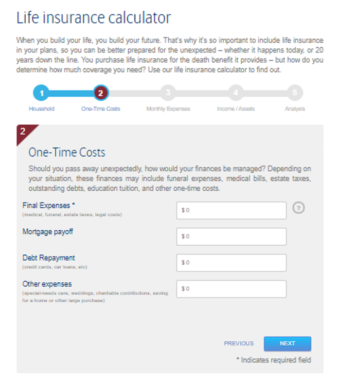 An image of a life insurance calculator that includes text fields and a "stepper" progress bar above it.