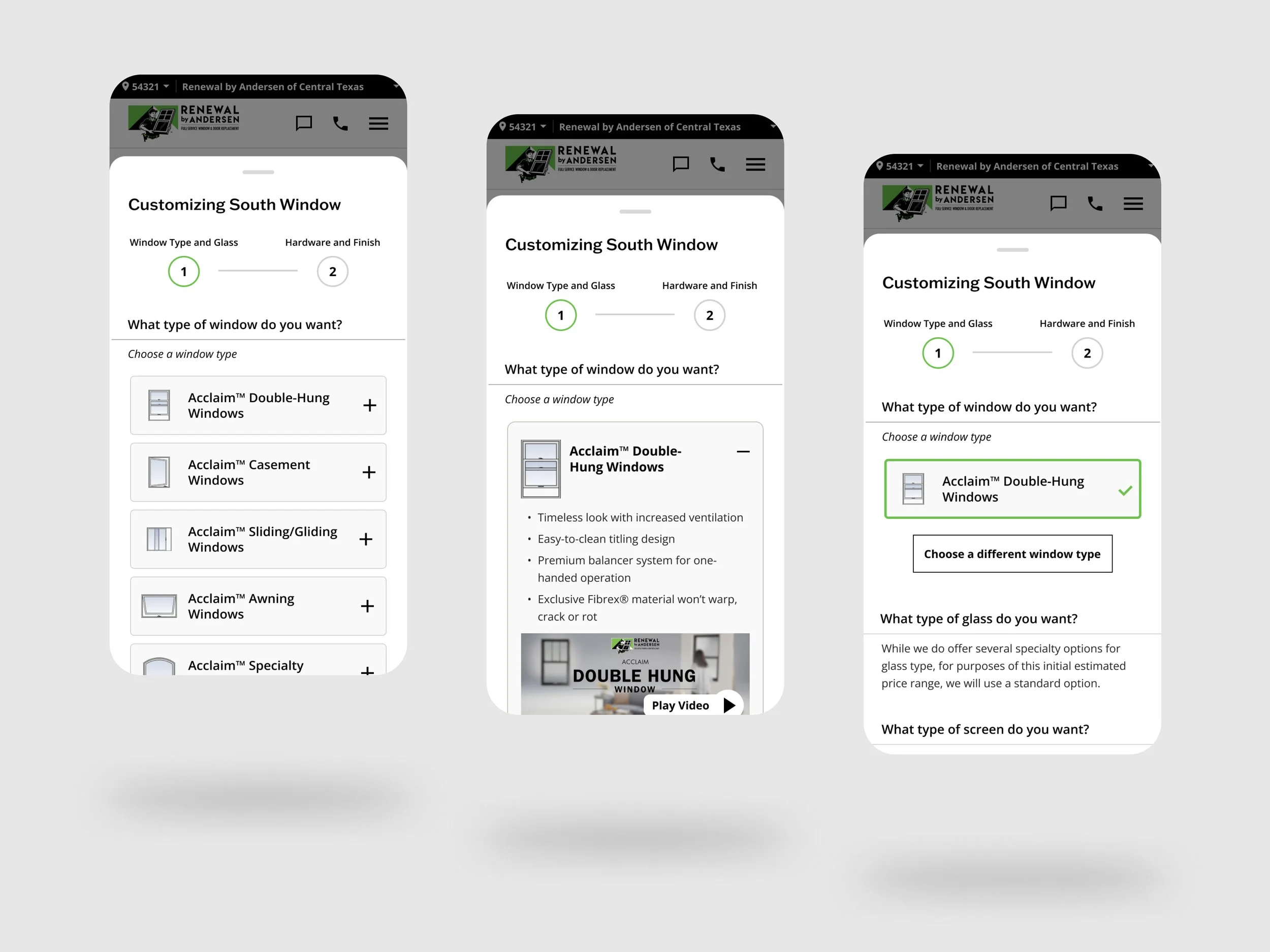 Three screens showing how a user chooses a window type within Plan Builder.
