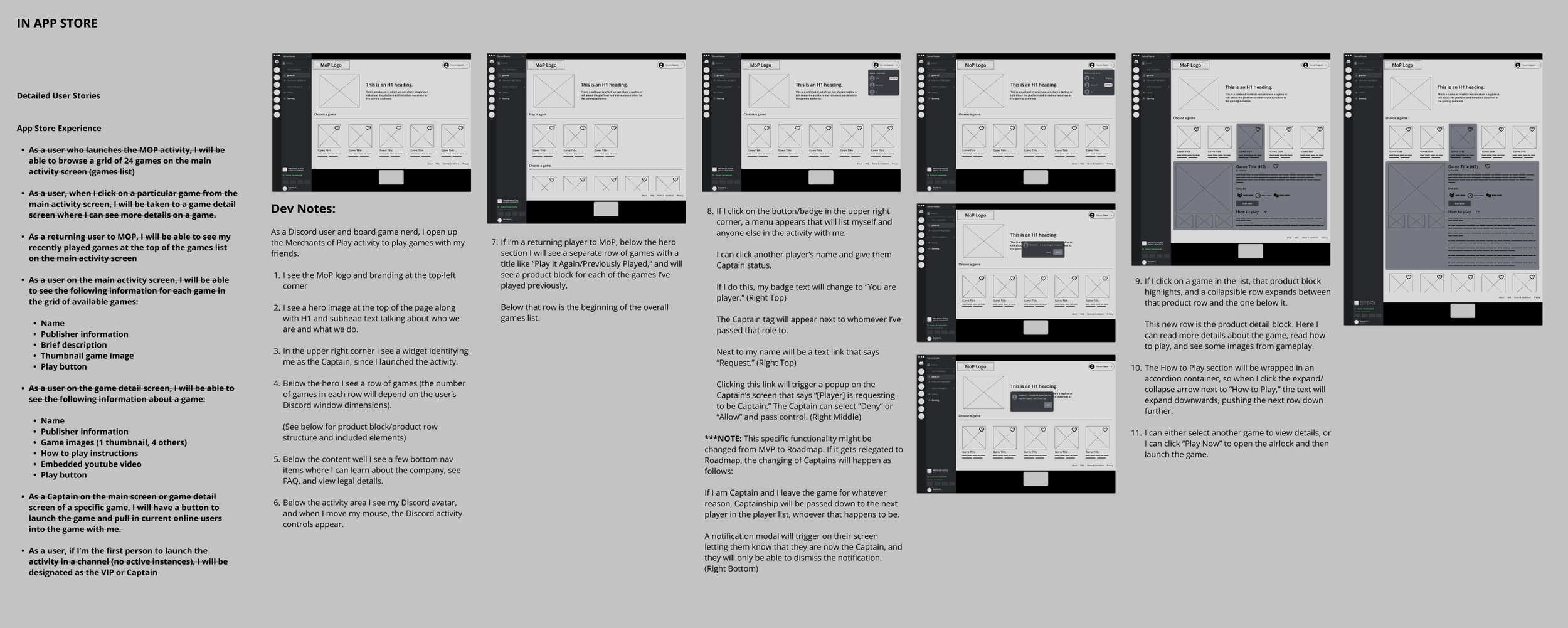 A wireframe screen flow with notes for the developers to help with context and vision