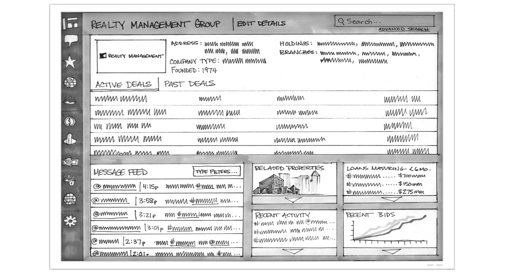 Hand-drawn sketch of a desktop computer interface