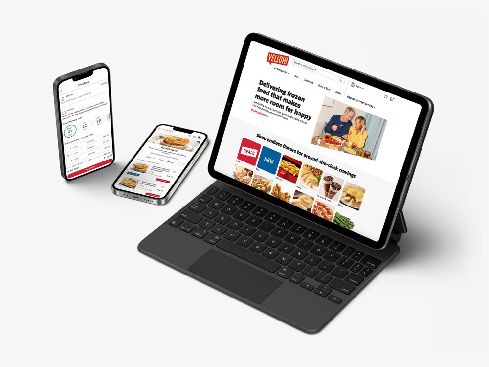 A tablet and two smartphones showing different screens from the Yelloh dot com user experience