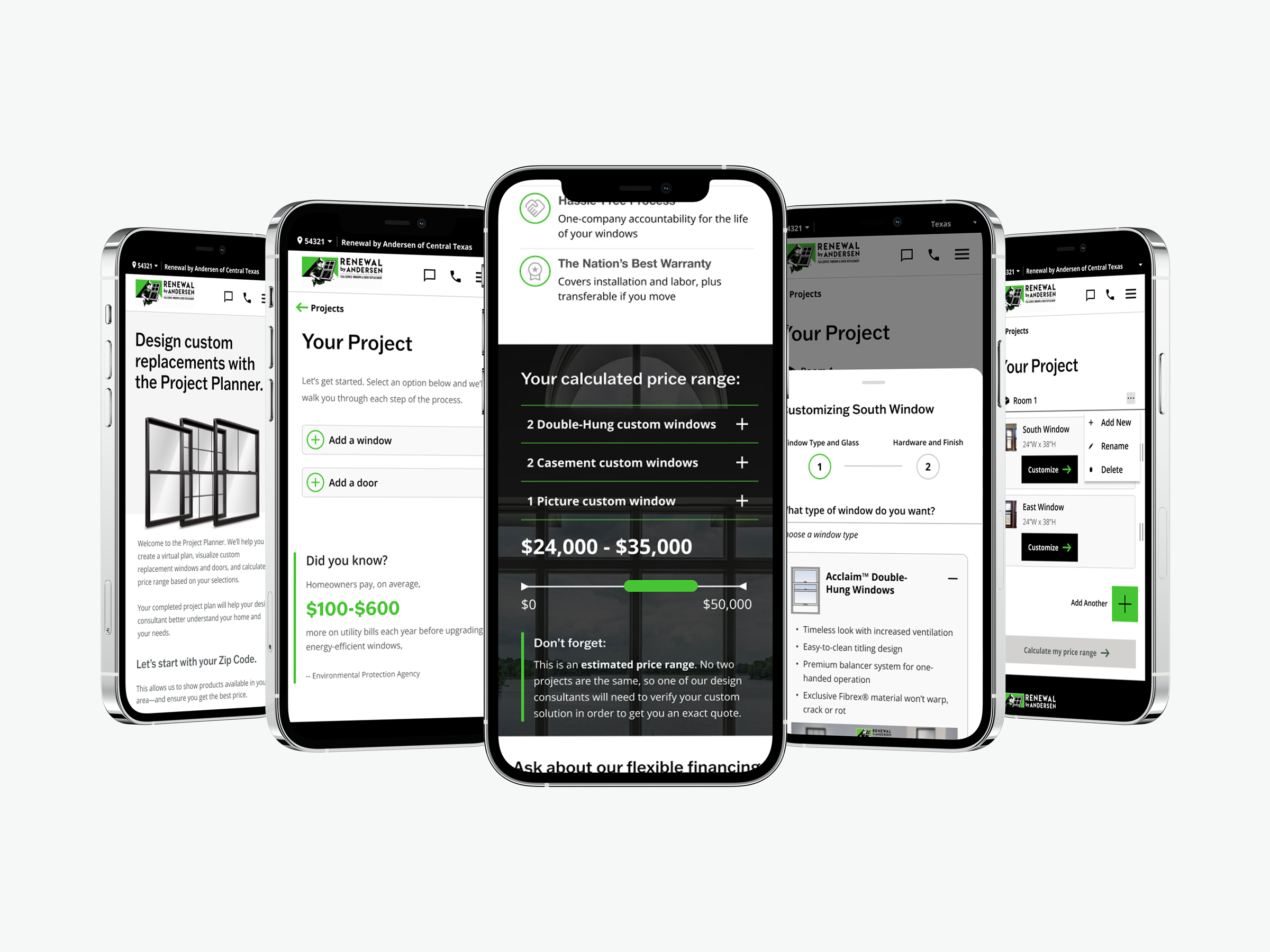 Five smartphones lined up and displaying different screens from the RbA Plan Builder experience