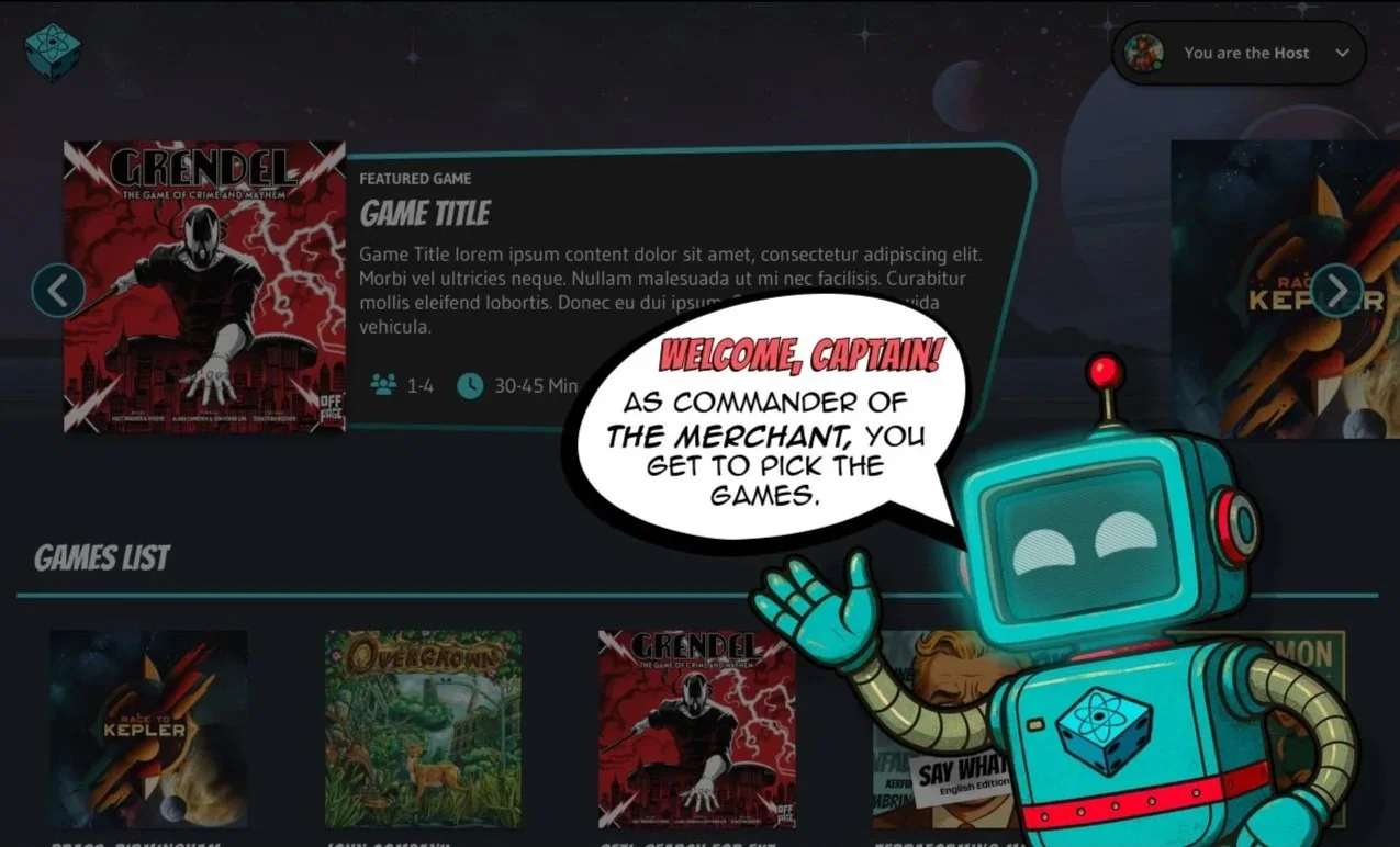 A small robot on a computer screen, with a speech bubble welcoming a player as the Captain of "The Merchant."