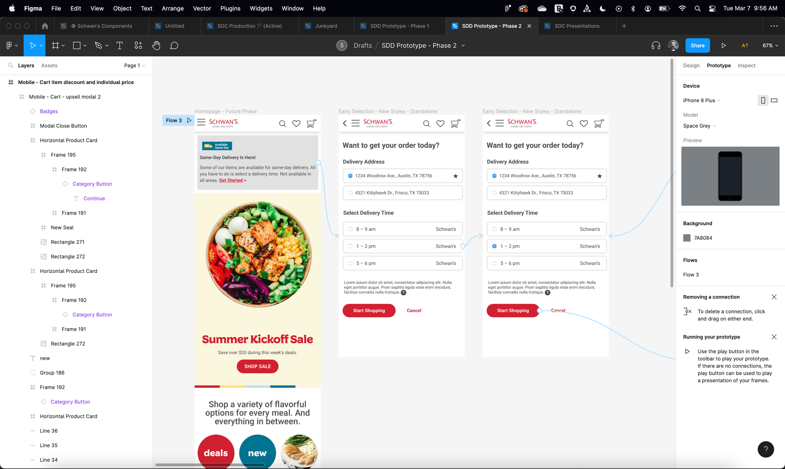 A Figma workspace illustrating how a mobile prototype is wired together