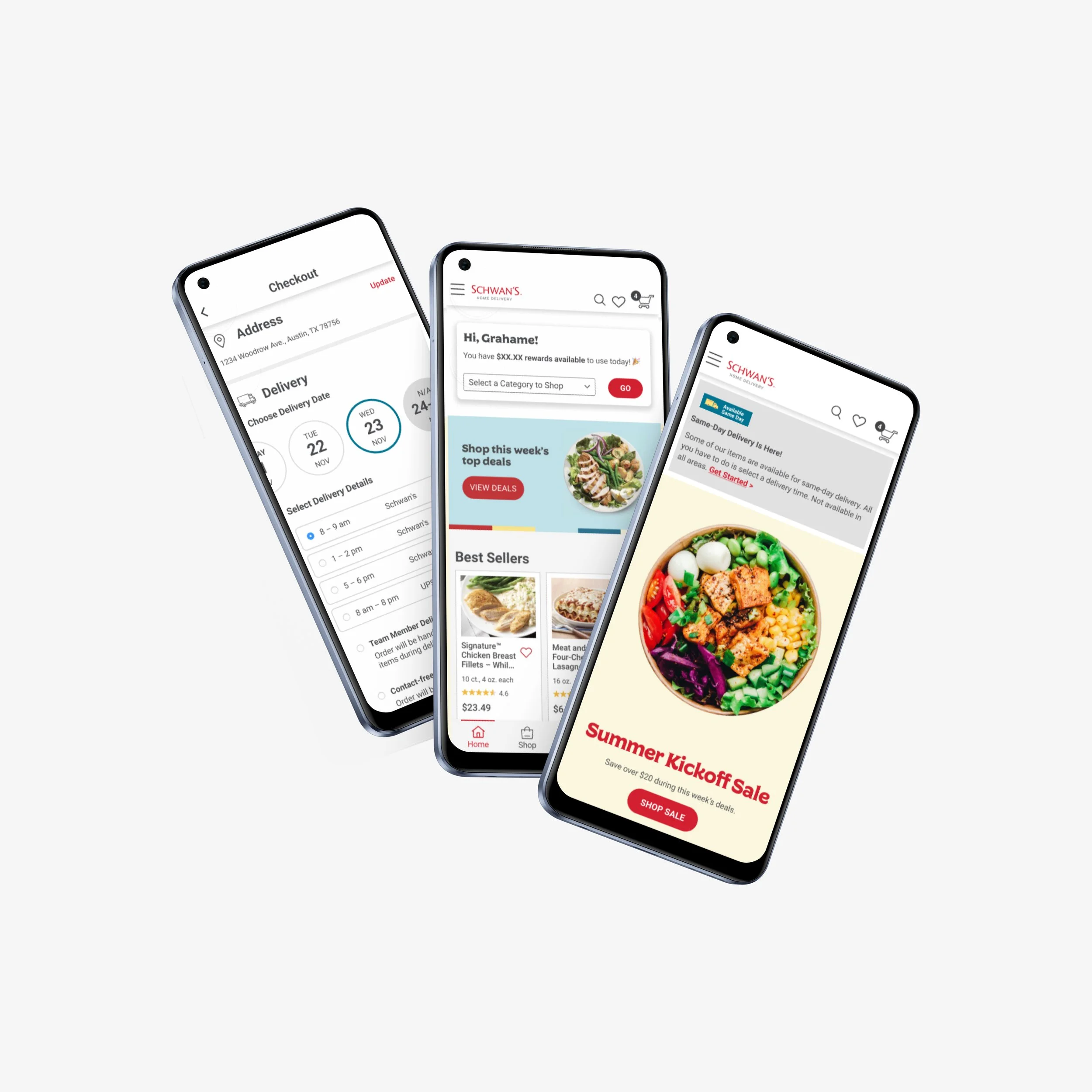 Three smartphones lined up and displaying different screens from the Yelloh dot com shopping experience