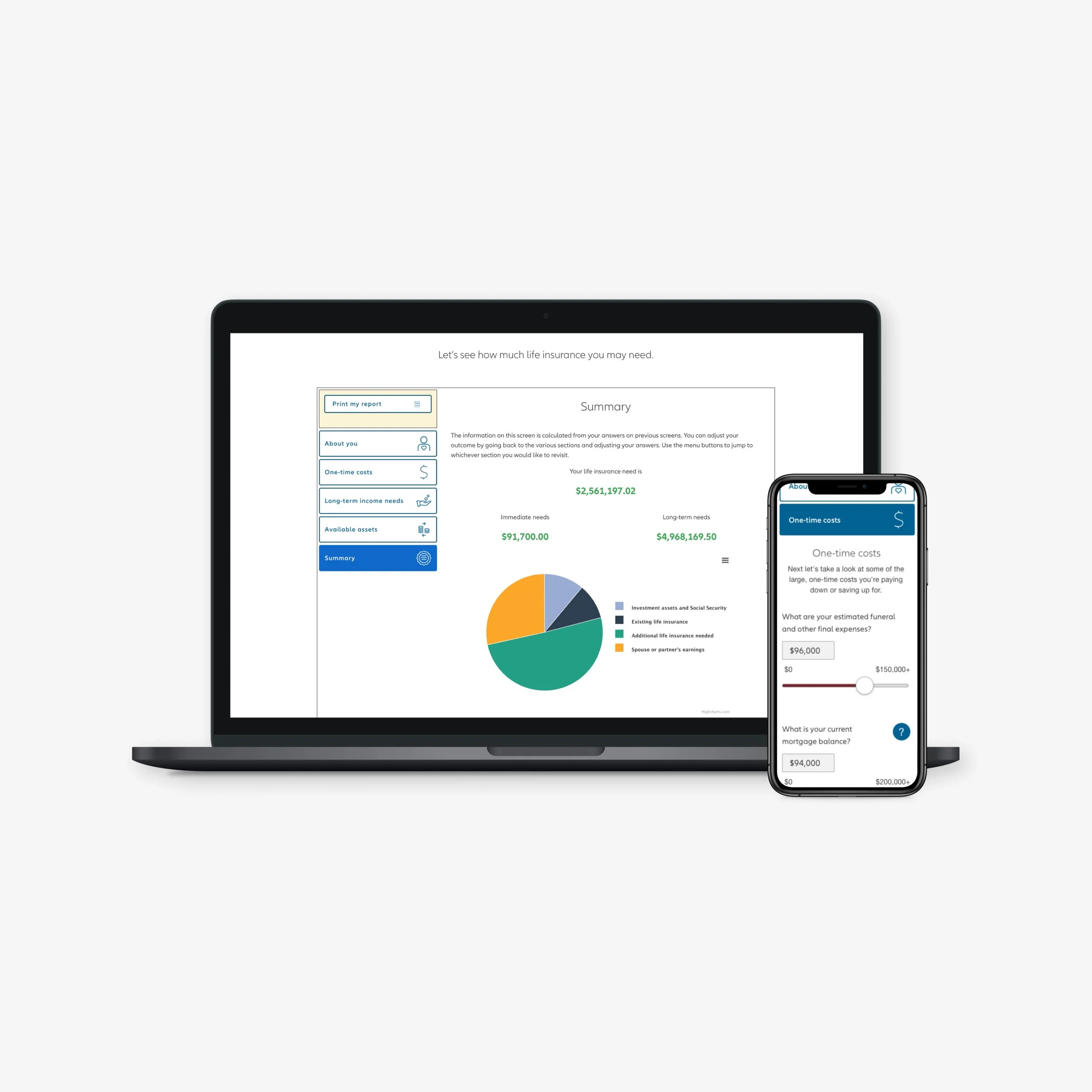 A laptop and mobile phone showing screens from the Allianz Life Insurance needs calculator
