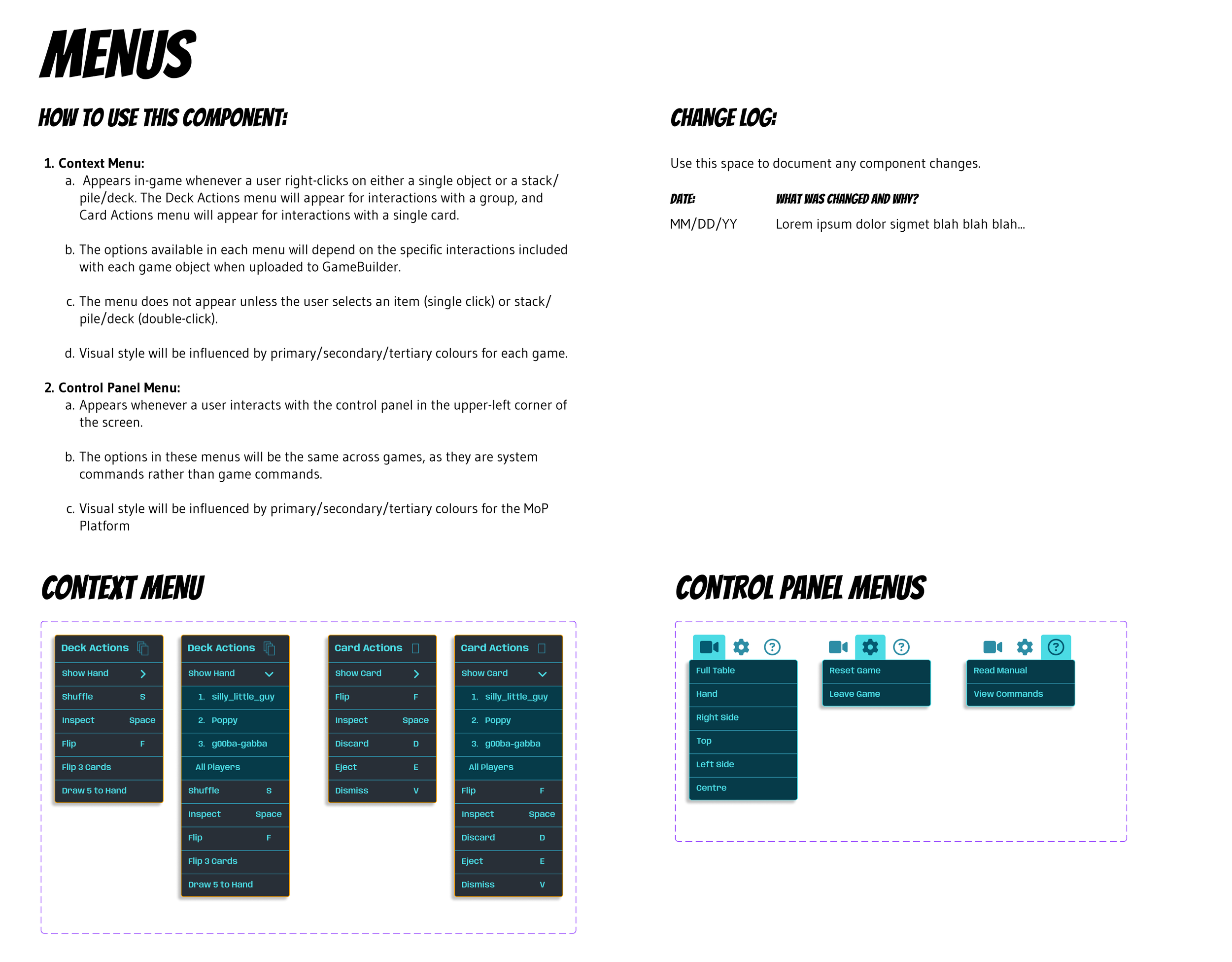 Two design components and documentation showing a developer or designer how to use the component.
