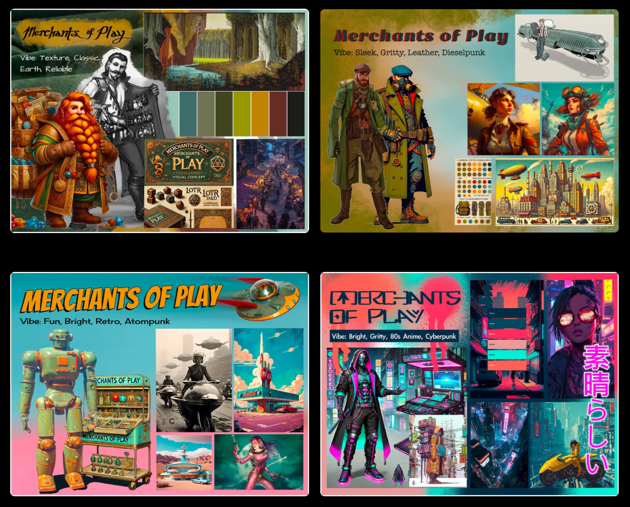 A group of four mood boards exploring different visual themes for Merchants of Play's brand.