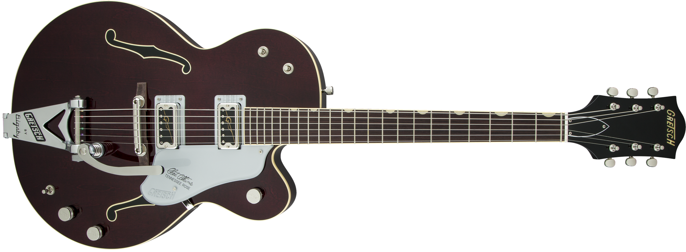 A dark brown semi-hollowbody electric guitar with two pickups
