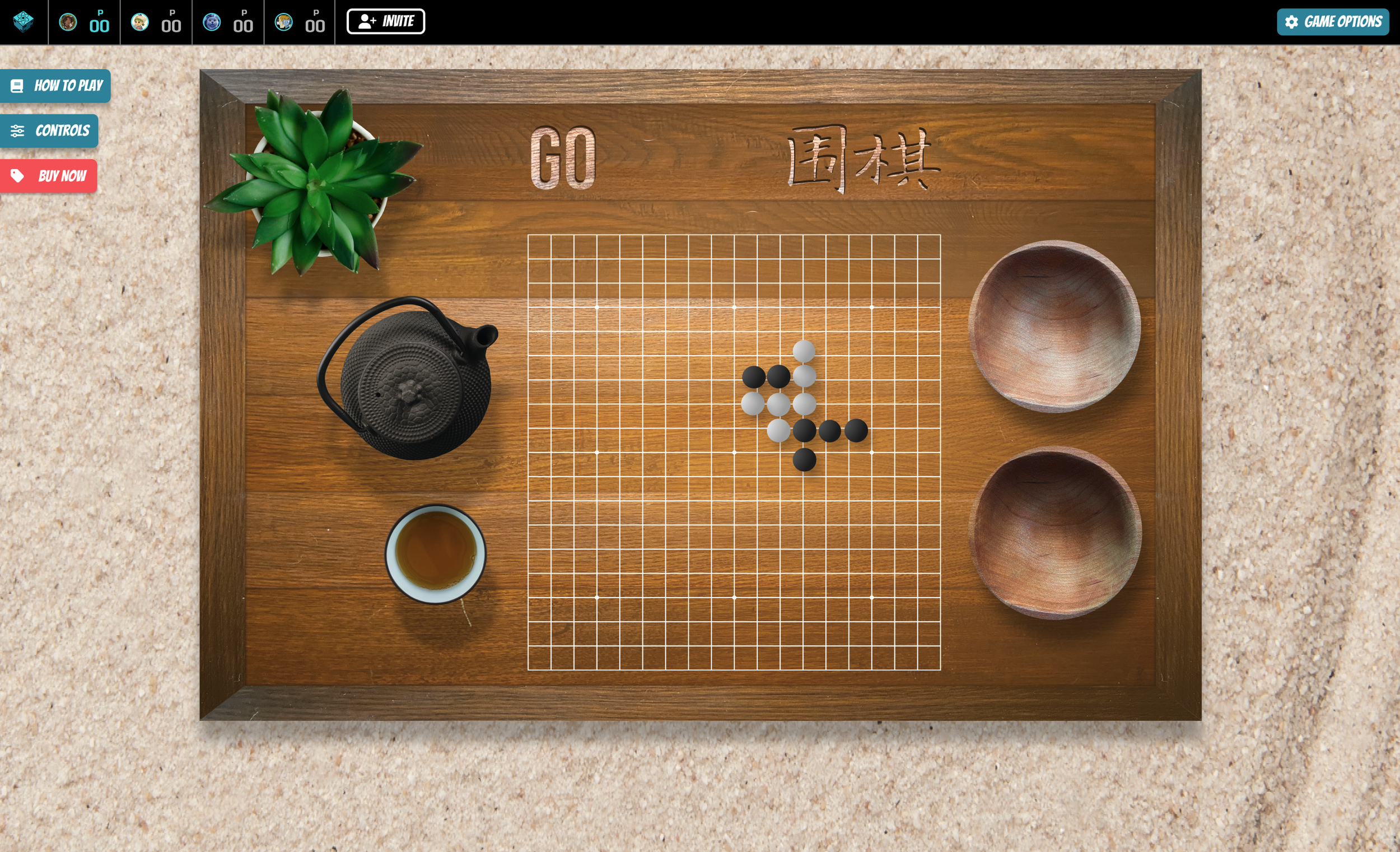 A wooden Go board laying on a bed of sand. The board also has a teapot, a plant, and some wooden bowls on it.
