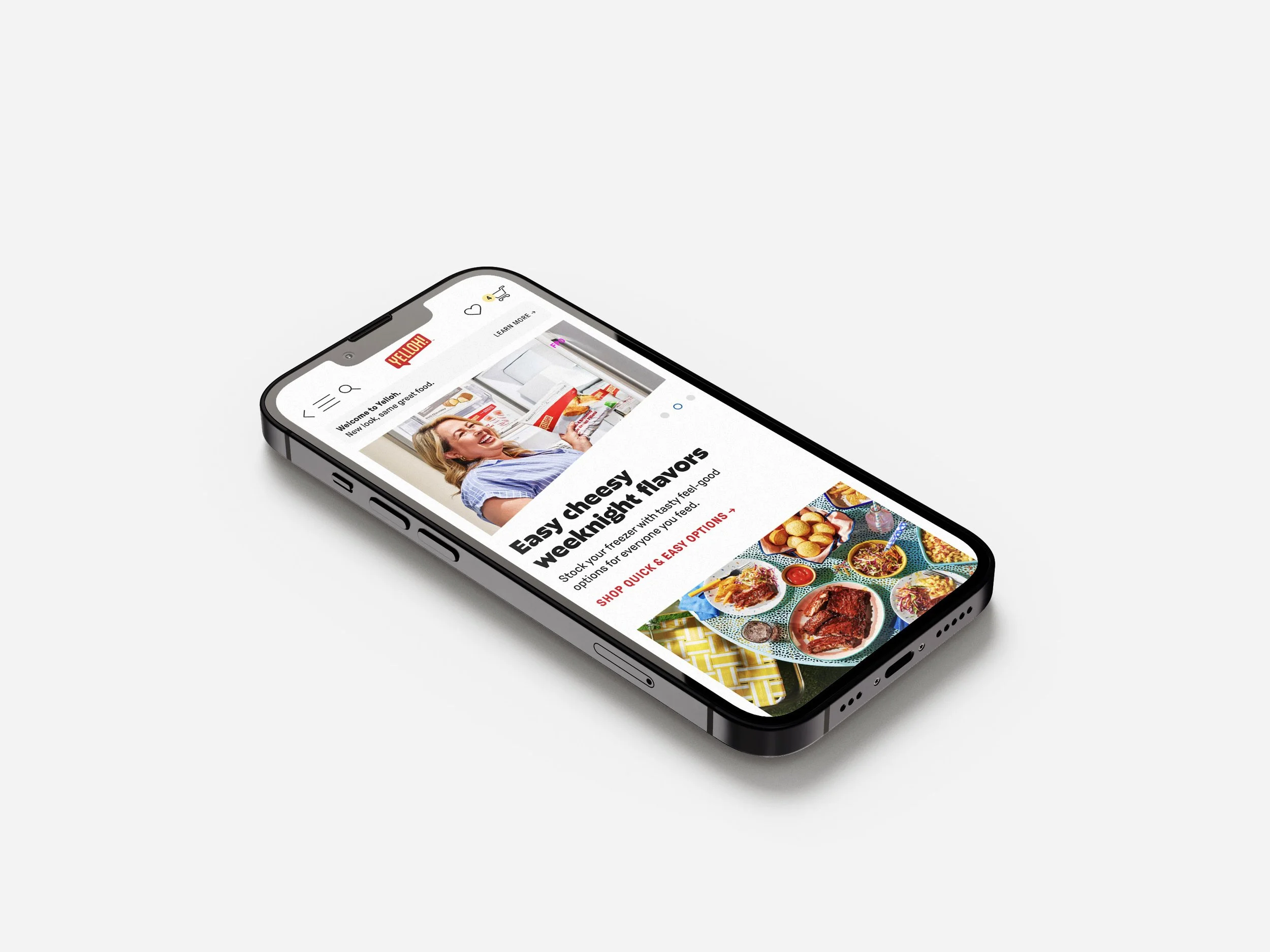 An iPhone showing the Yelloh home page and sitting on a grey background
