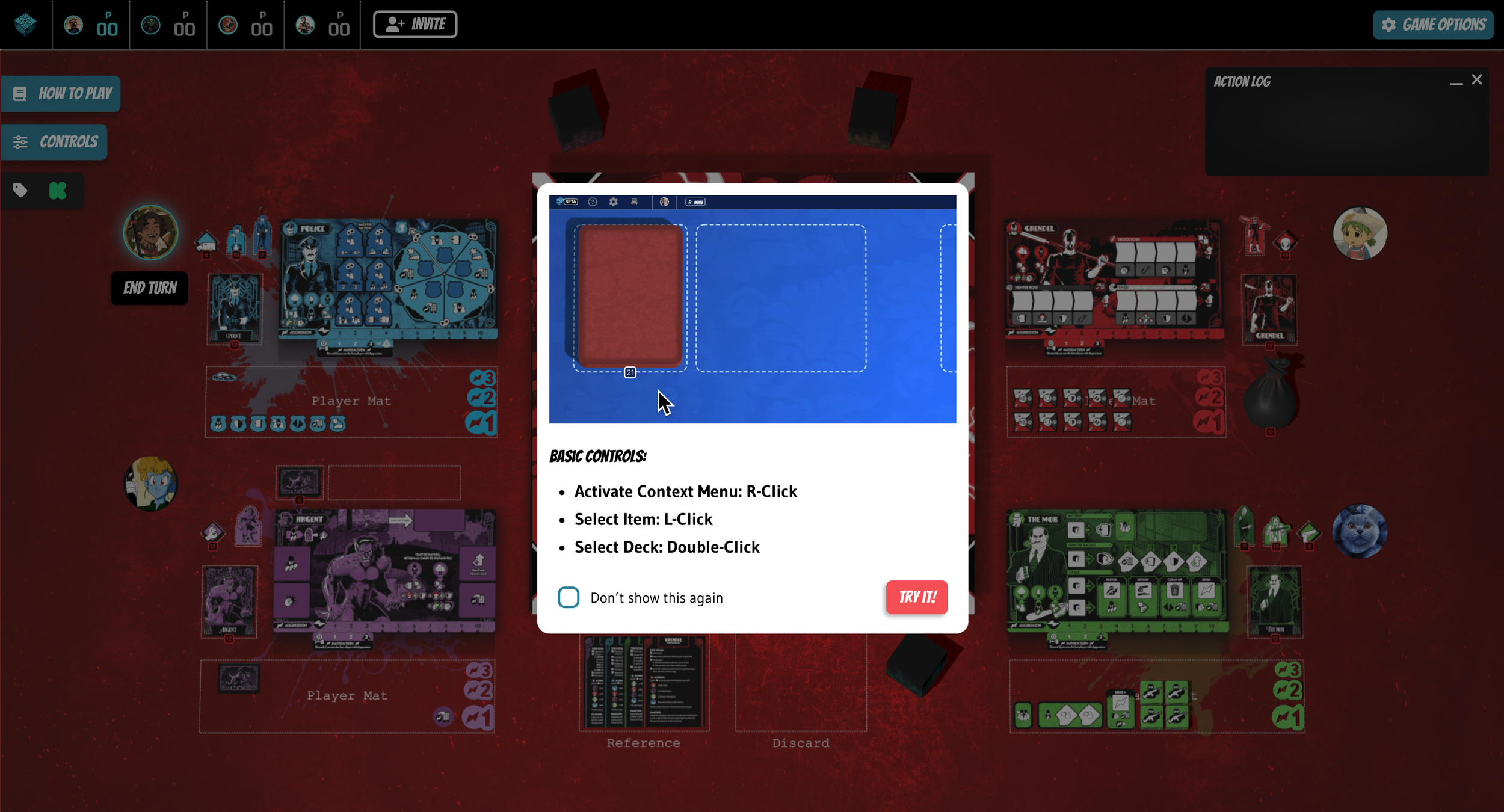 A modal window hovering over a game board to inform players how to use various controls in the game.