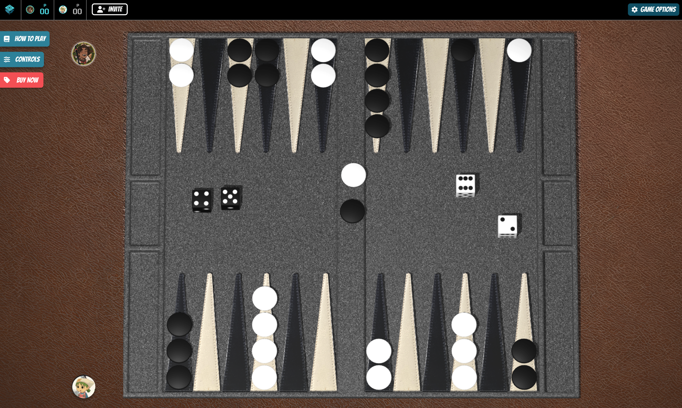 A grey felt backgammon board with white and black pieces and wedges, on a brown leather background.