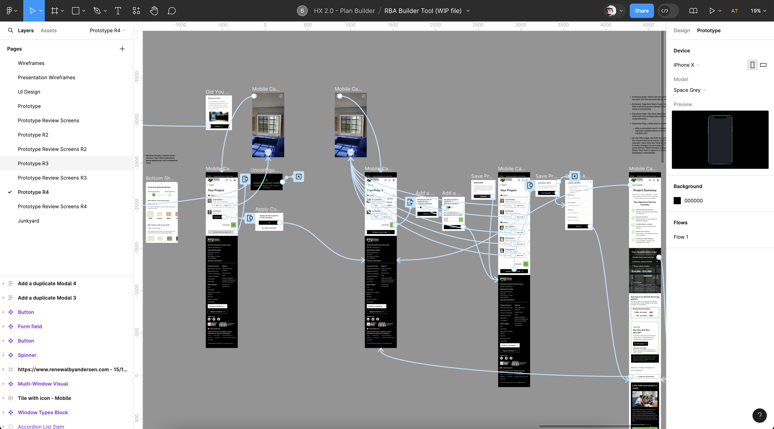 An image showing the interconnected screen flow for the Plan Builder prototype