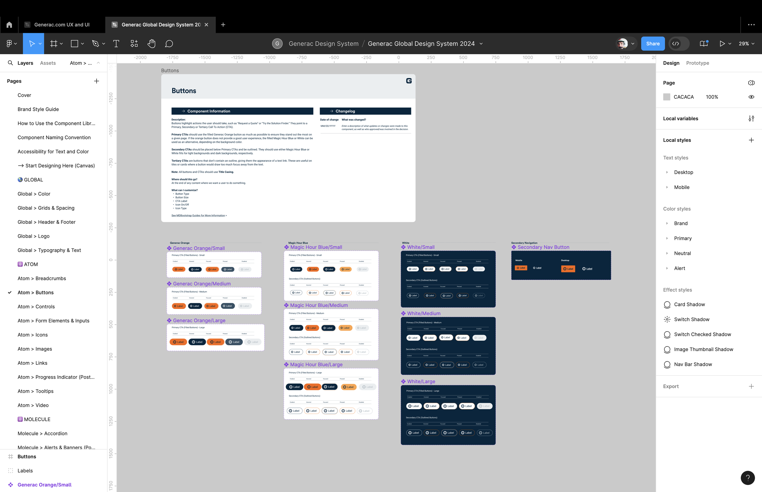 Figma screenshot of a page from the Generac global design system