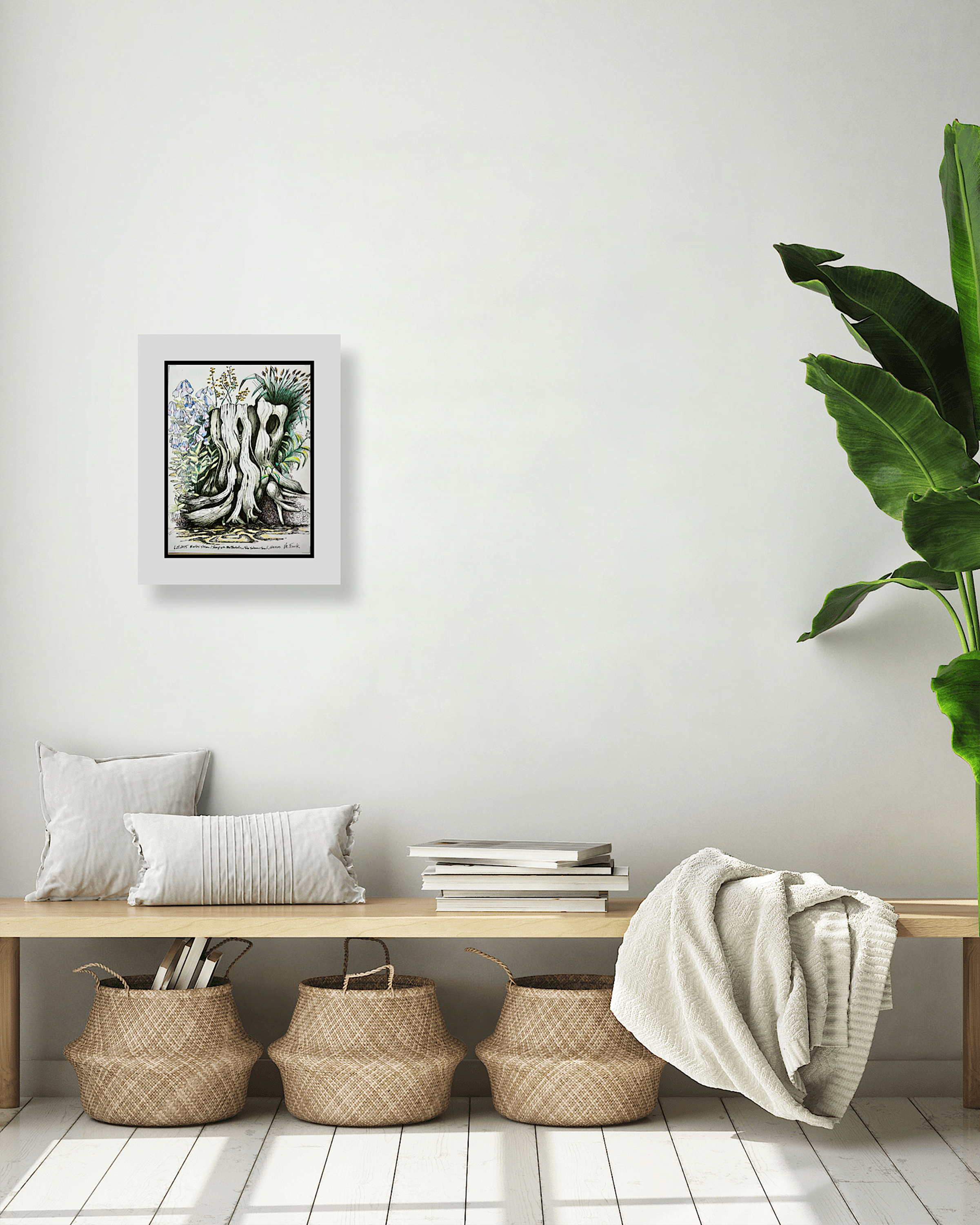 Interior  Val Frank Ol Stump 3 with Flowers Ink Colored Pencil unframed print on Velvet Arches archival Watercolor Paper 14 x  10.5  2015 200 copy.png