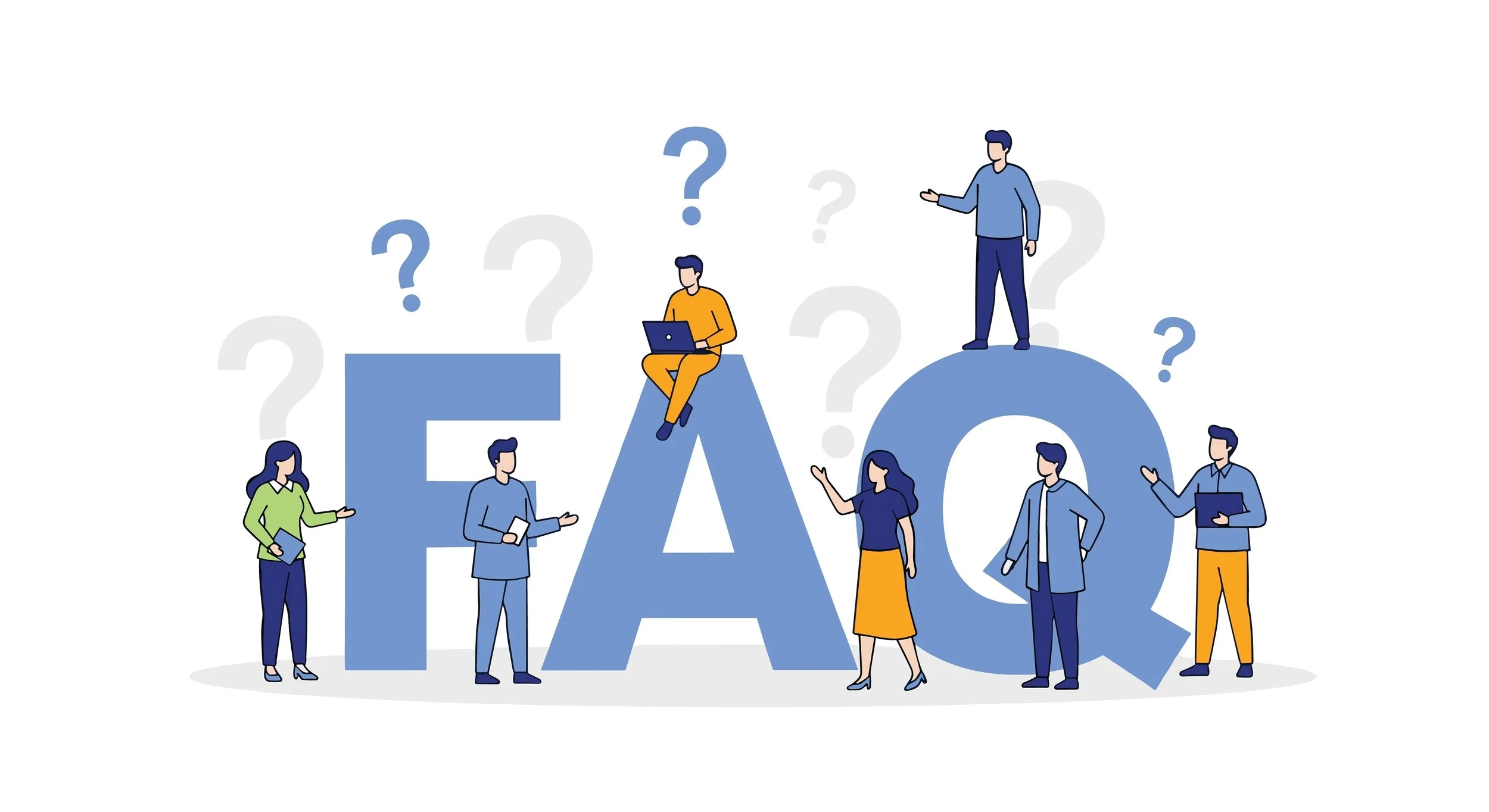 FAQ letters with question marks surrounding the letters and people depicted asking questions
