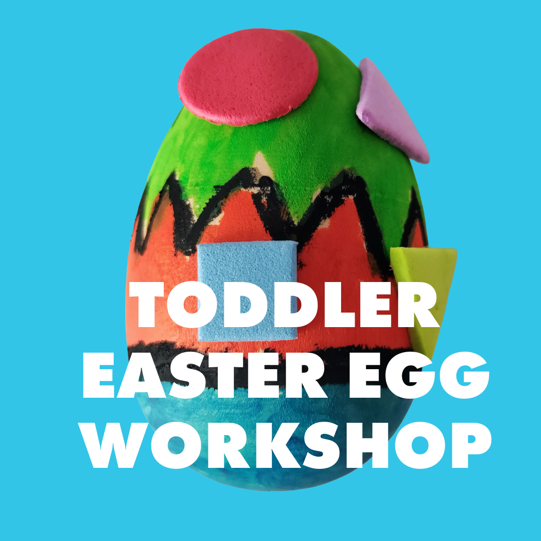 blue background with a wooden egg in the center and the text "toddler Easter egg workshop"