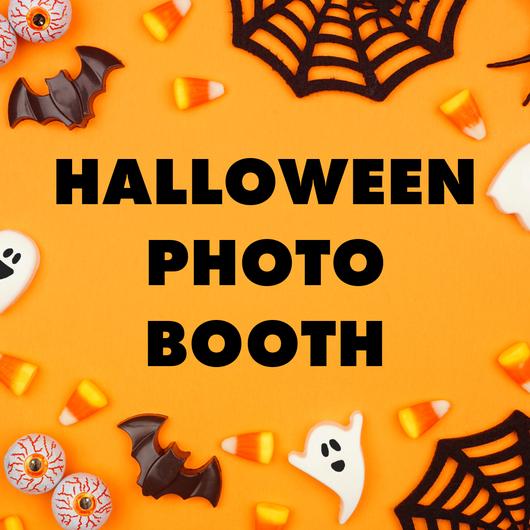orange background with halloween elements on the edges with the text "halloween photo booth" in the center