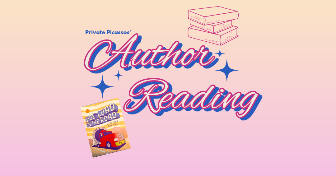 pink background with the text "Private Picassos Author Reading" with an image of a book and a clip art of a book