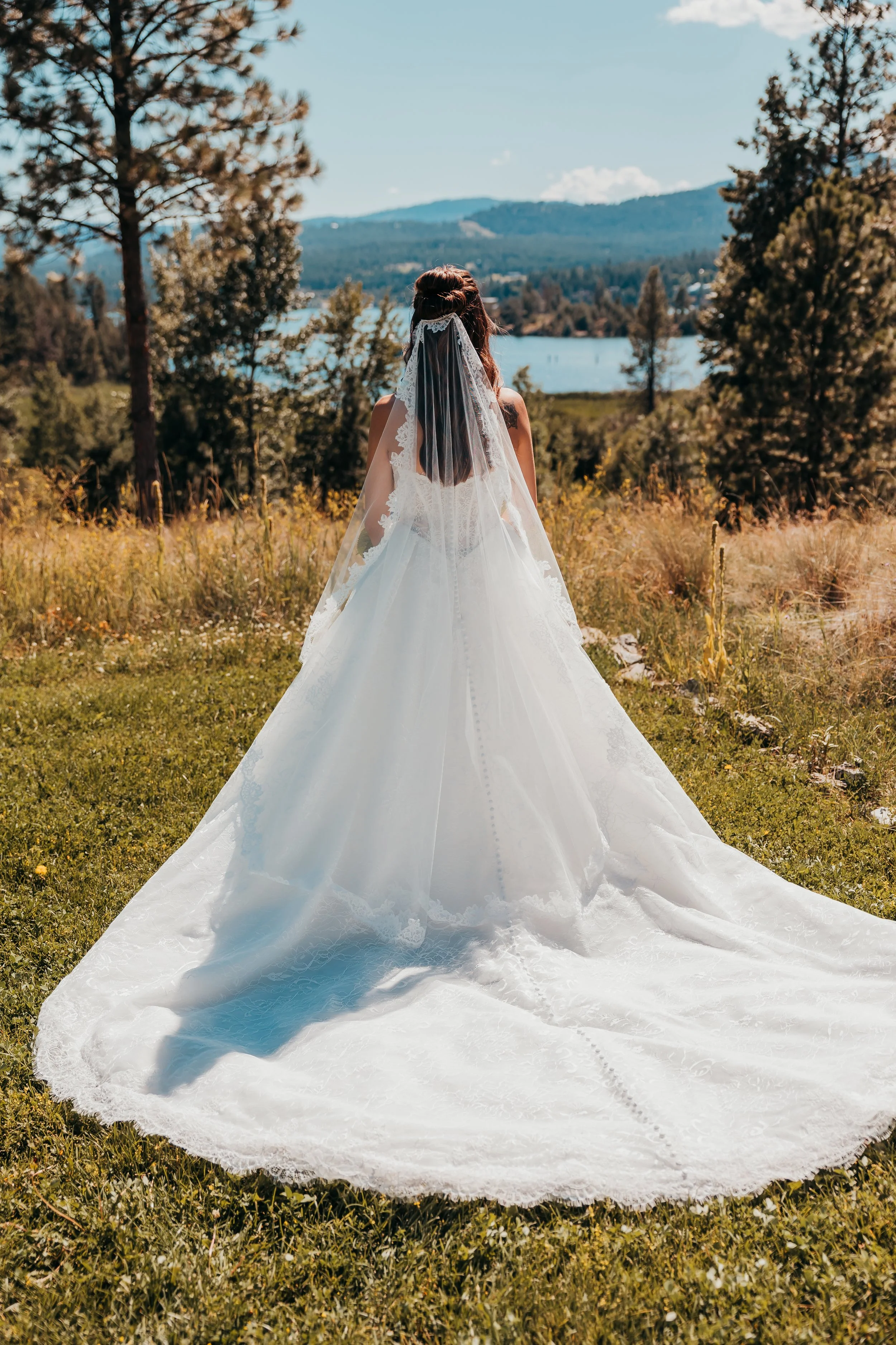 A bride in a white wedding dress and veil stands on grass in a field, facing away, with a lake, trees, and mountains in the background.