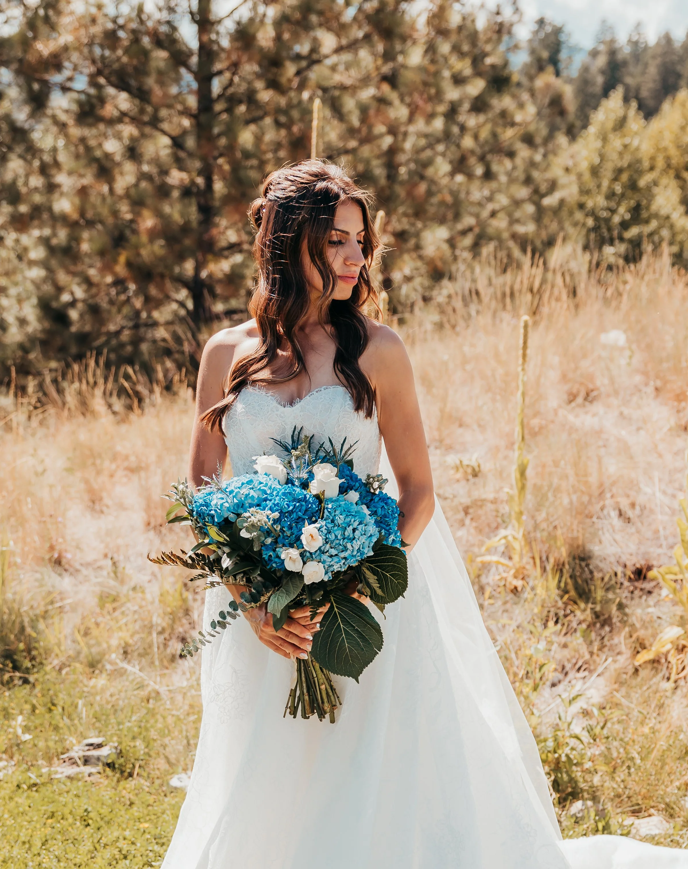 A bride in a white wedding dress holding a bouquet of blue and white flowers outdoors in a field with trees in the background.