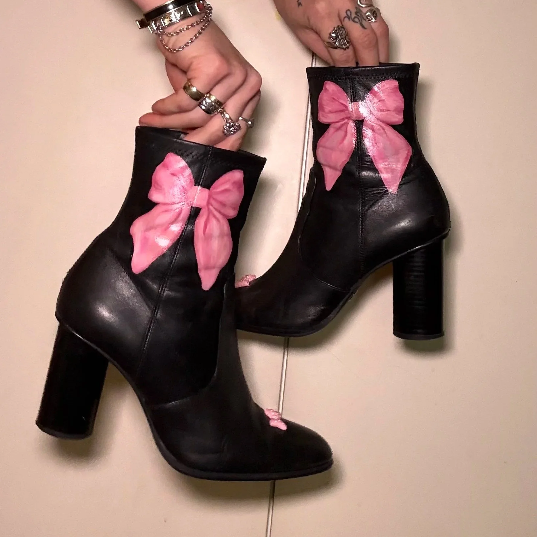 Pink Bow Cottage Core Black Leather Boots