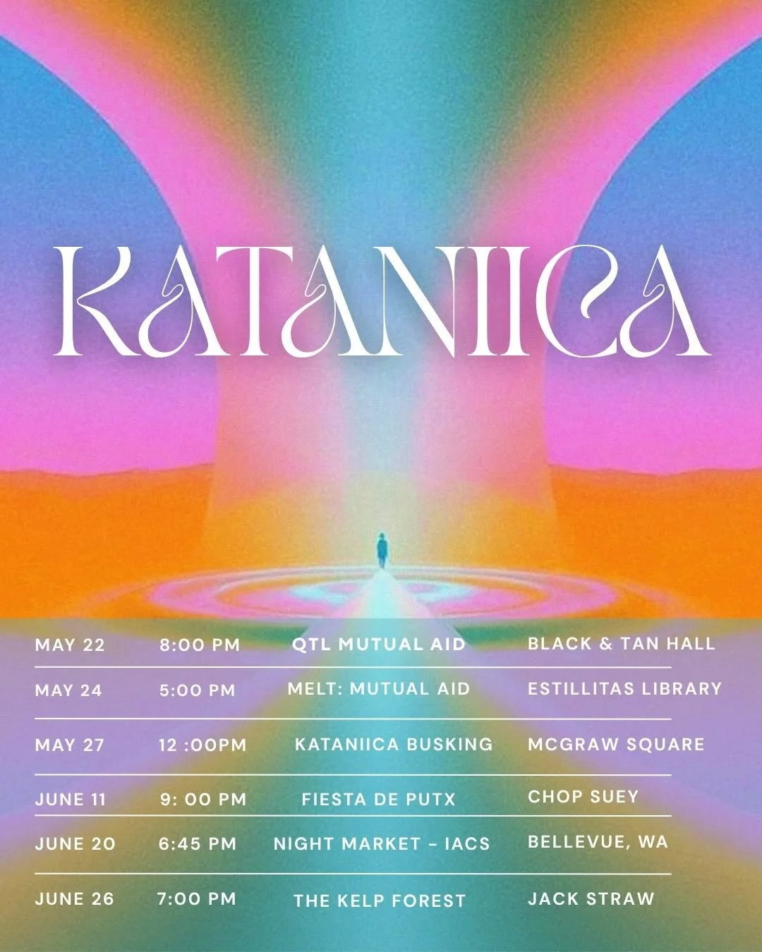 May &amp; June for Kataniica!

May 22 - Mutual Aid Concert at Black &amp; Tan Hall. Tickets $20 advance | $25 Door: https://events.humanitix.com/qtbipoc-mutual-aid-show

May 24: MELT Mutual Aid Fair Raising funds for various organizations. Tickets $2