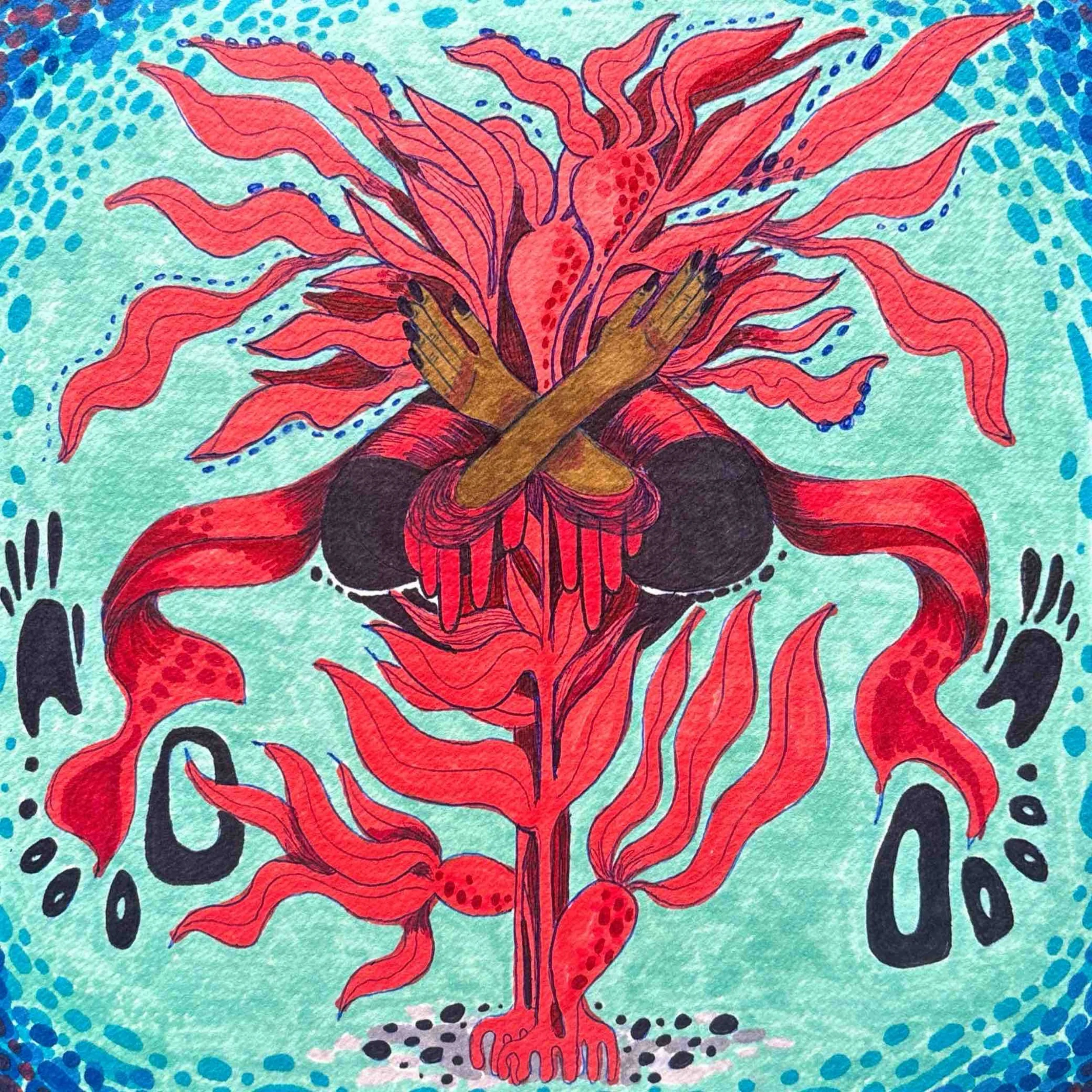 An abstract illustration depicting a red, floral or plant-like figure with multiple elongated, wavy petals or leaves, set against a turquoise background with blue and black dotted patterns.