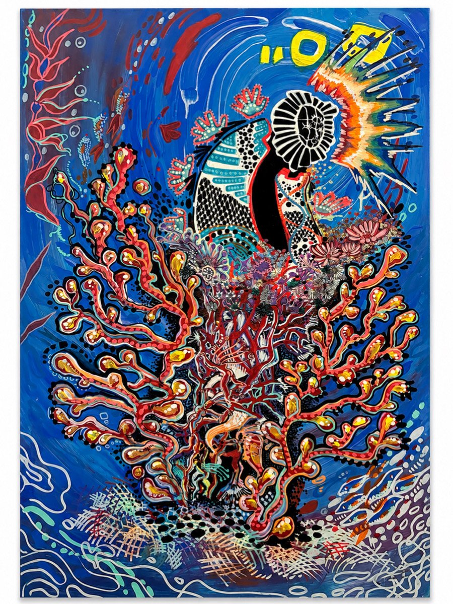 Vibrant abstract painting of a coral reef with colorful coral branches, fish, and ocean waves on a blue background, featuring dynamic shapes and bright colors.