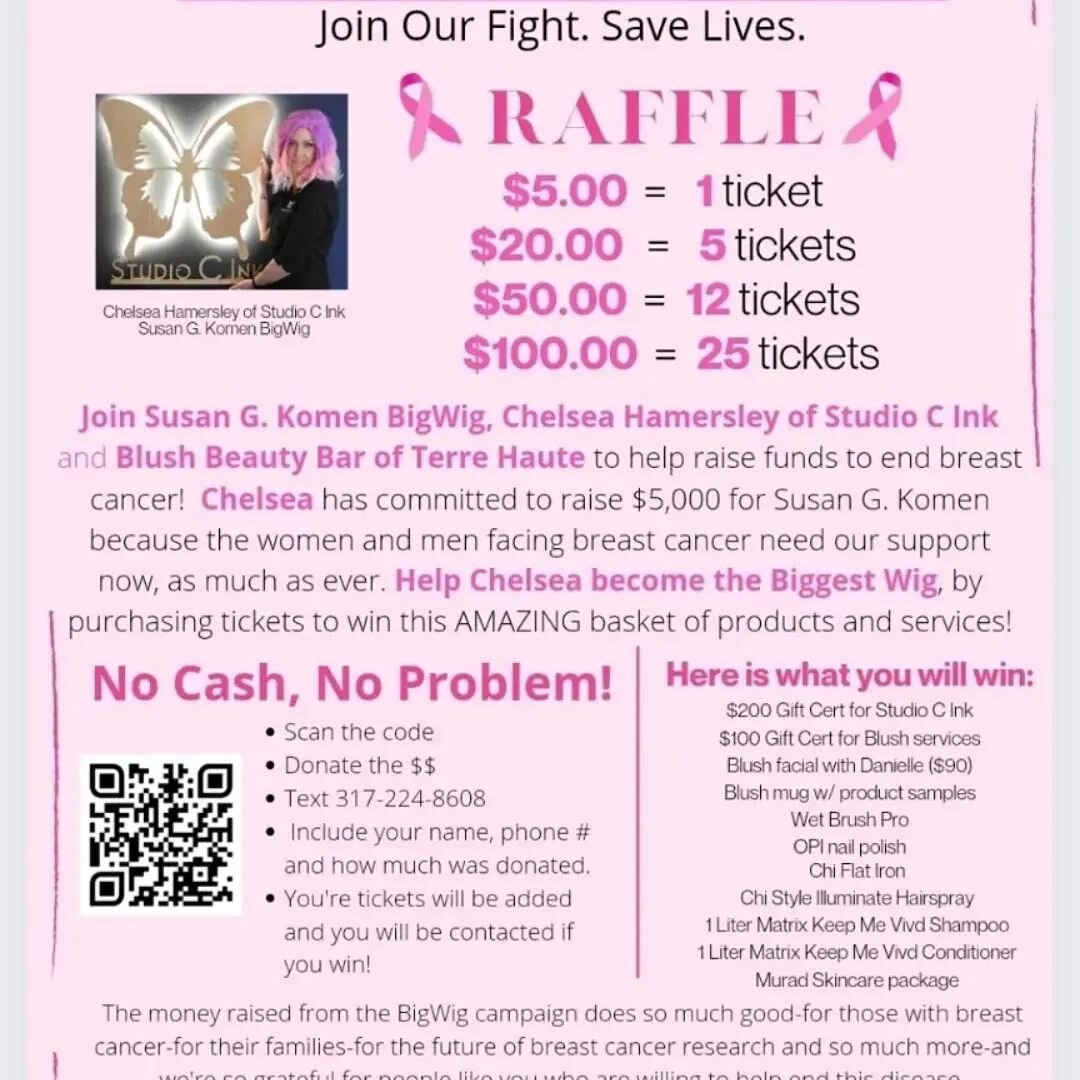 DON'T MISS OUT! 
♡Get your raffle tickets TODAY! 

♡Raising money for Susan G. Komen BigWigs and finding a cure for Breast Cancer! 

♡Basket of goods and services worth approx $650!

♡ $5=1 ticket
♡ $20=5 tickets
♡ $50=12 tickets
♡$100=25 tickets

Sc