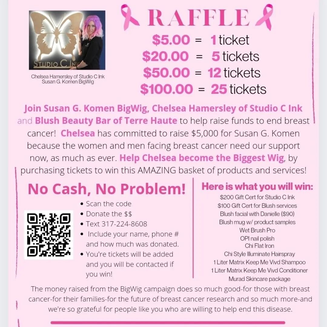 Last chance!!! Tomorrow is the drawing for the raffle basket for the fundraiser benefiting the Susan G. Komen foundation and the fight to find a cure for breast cancer!  Text me to buys your tickets!! The winner will be contacted tomorrow evening and