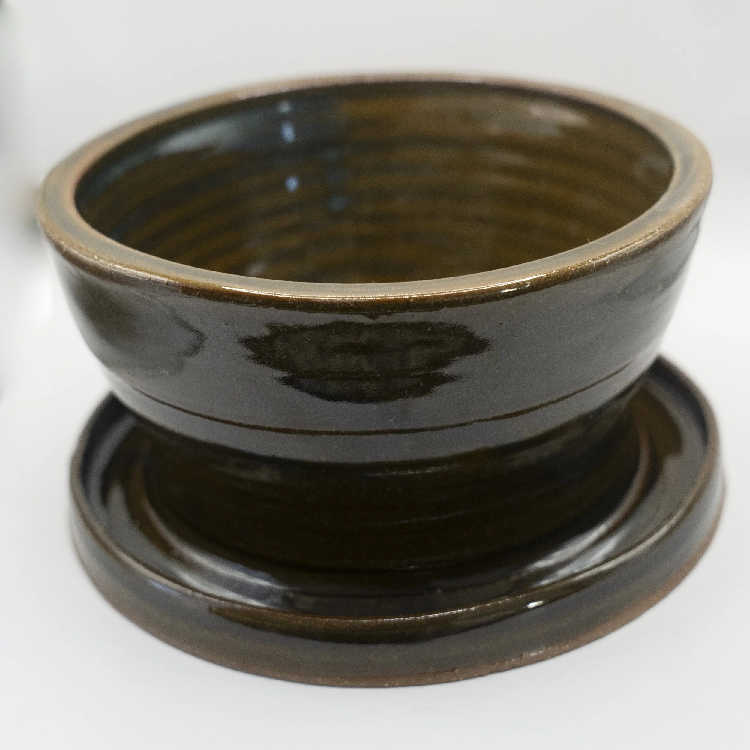 Forest Green Brown Clay Planter with Attached Plate