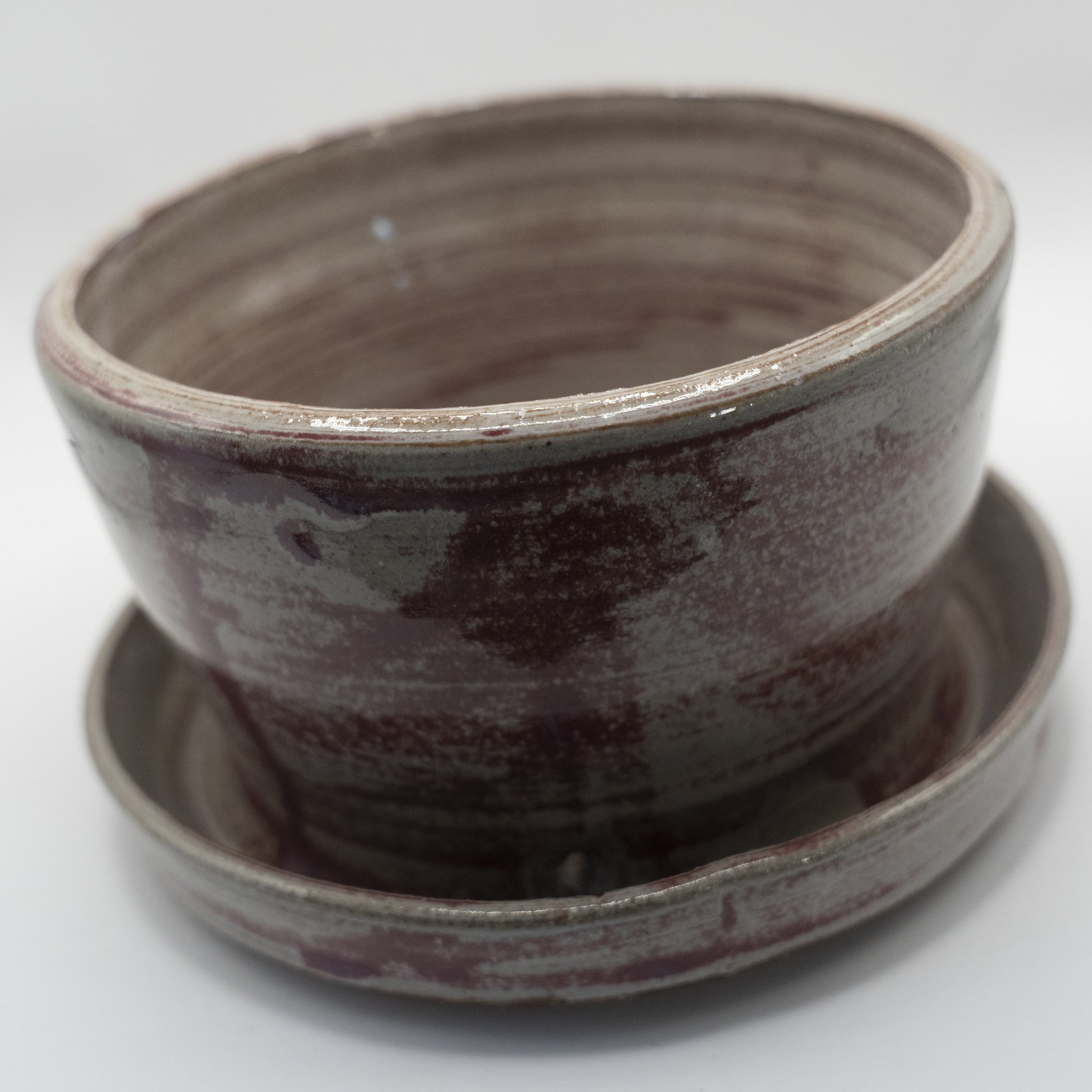 Silver & Red Glaze Brown Clay Planter with Attached Plate