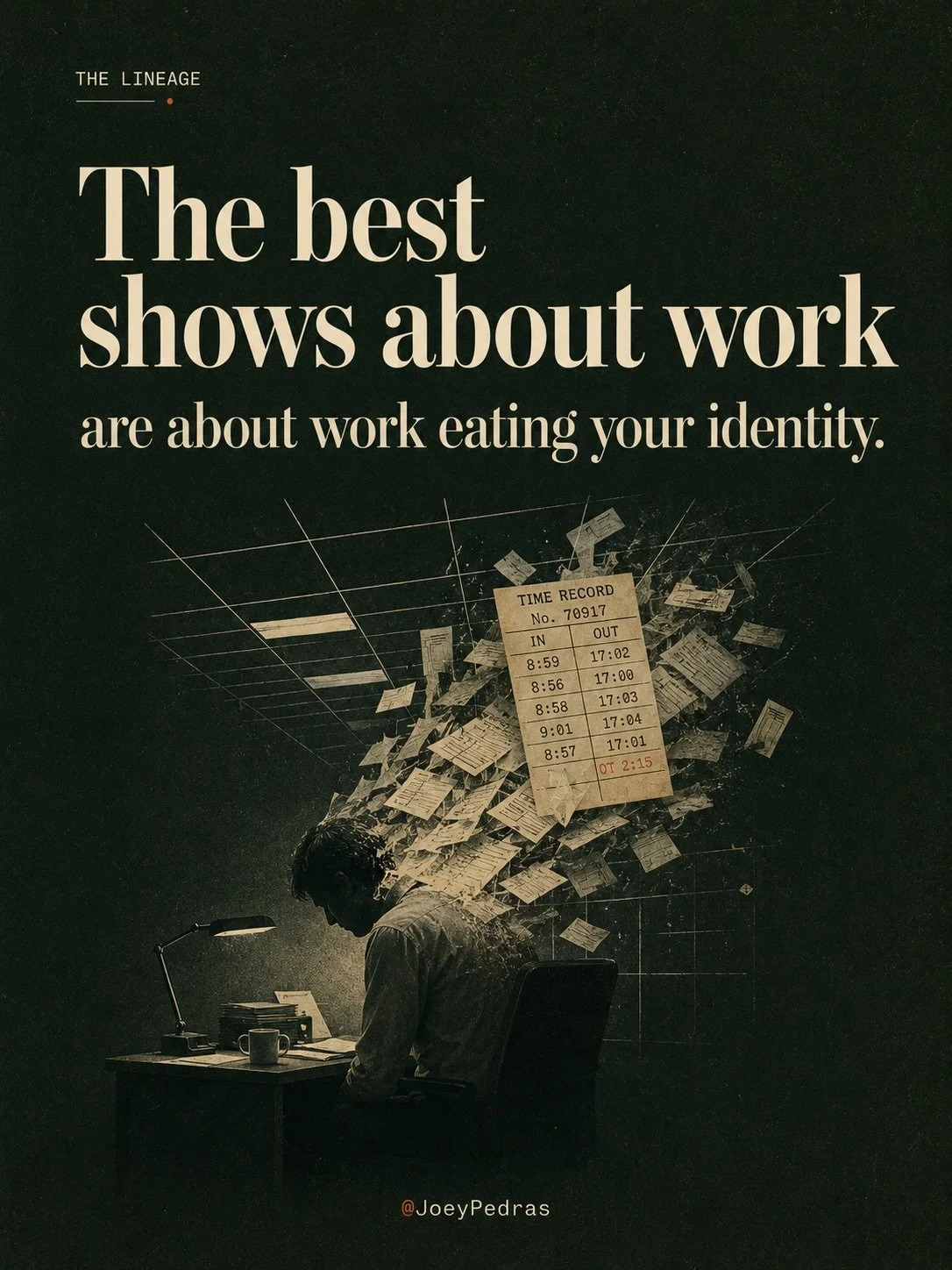 The best shows about work are rarely about work.

Severance turns the office into a split in the self.

The Bear makes the kitchen feel like a nervous system.

Mad Men turns a career into a costume.

Industry makes ambition feel like something chewin
