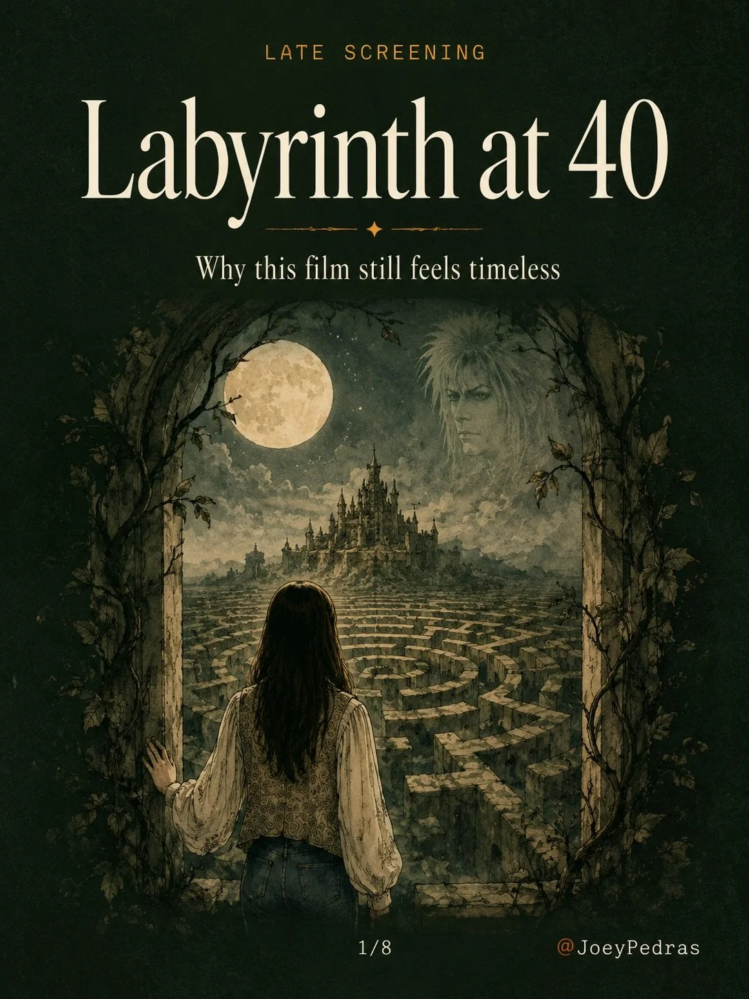 Labyrinth turning 40 only makes its spell clearer.

The 1986 film gives Sarah a maze because childhood fear needs somewhere to go. Jareth works because David Bowie makes temptation look impossible, theatrical, and a little ridiculous in the exact rig