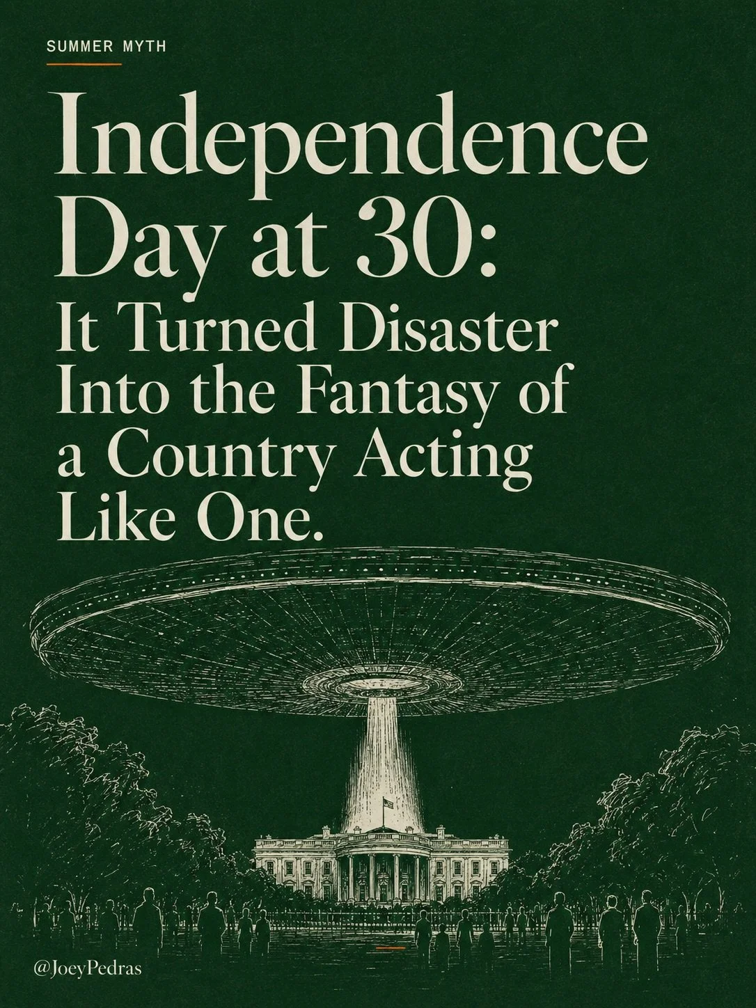 Thirty years later, Independence Day feels stranger than it used to.

Not because the aliens look better now.

They don&rsquo;t.

It&rsquo;s because the fantasy of the movie has changed.

In 1996, the big wish was obvious. What if the whole world had